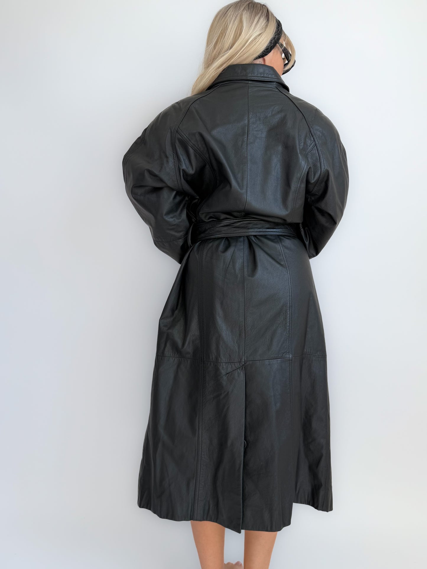 Vintage 90s Black Leather Full Length Trench Fall Coat with Waist Belt- Unisex S-M-L