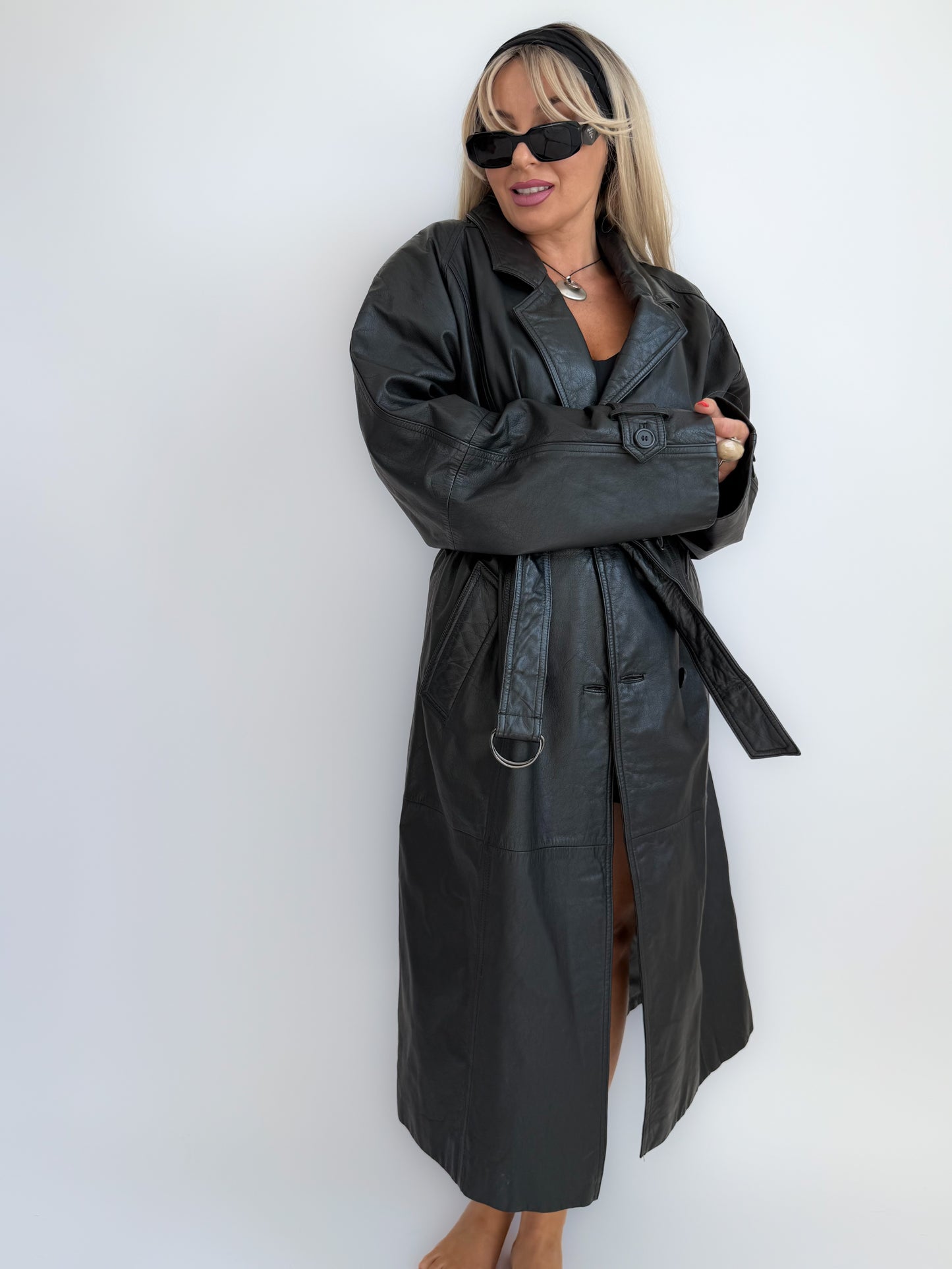 Vintage 90s Black Leather Full Length Trench Fall Coat with Waist Belt- Unisex S-M-L