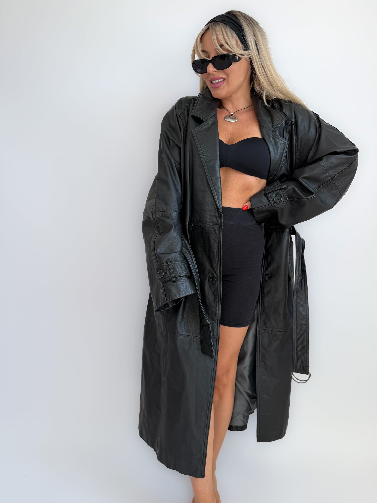 Vintage 90s Black Leather Full Length Trench Fall Coat with Waist Belt- Unisex S-M-L