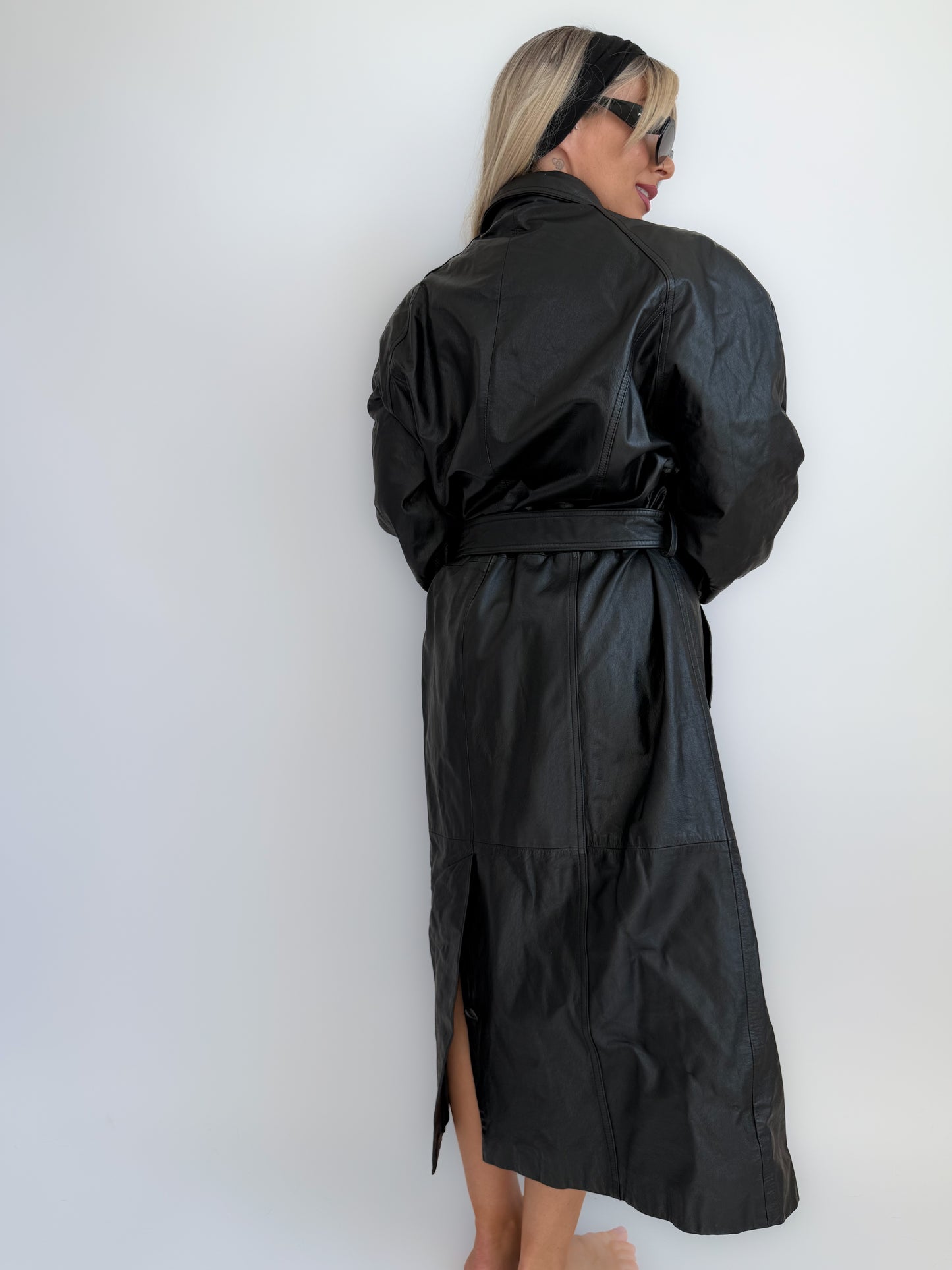 Vintage Black Genuine Leather Full Length Trench Coat – 90s Goth Grunge Statement Outerwear - L/XL