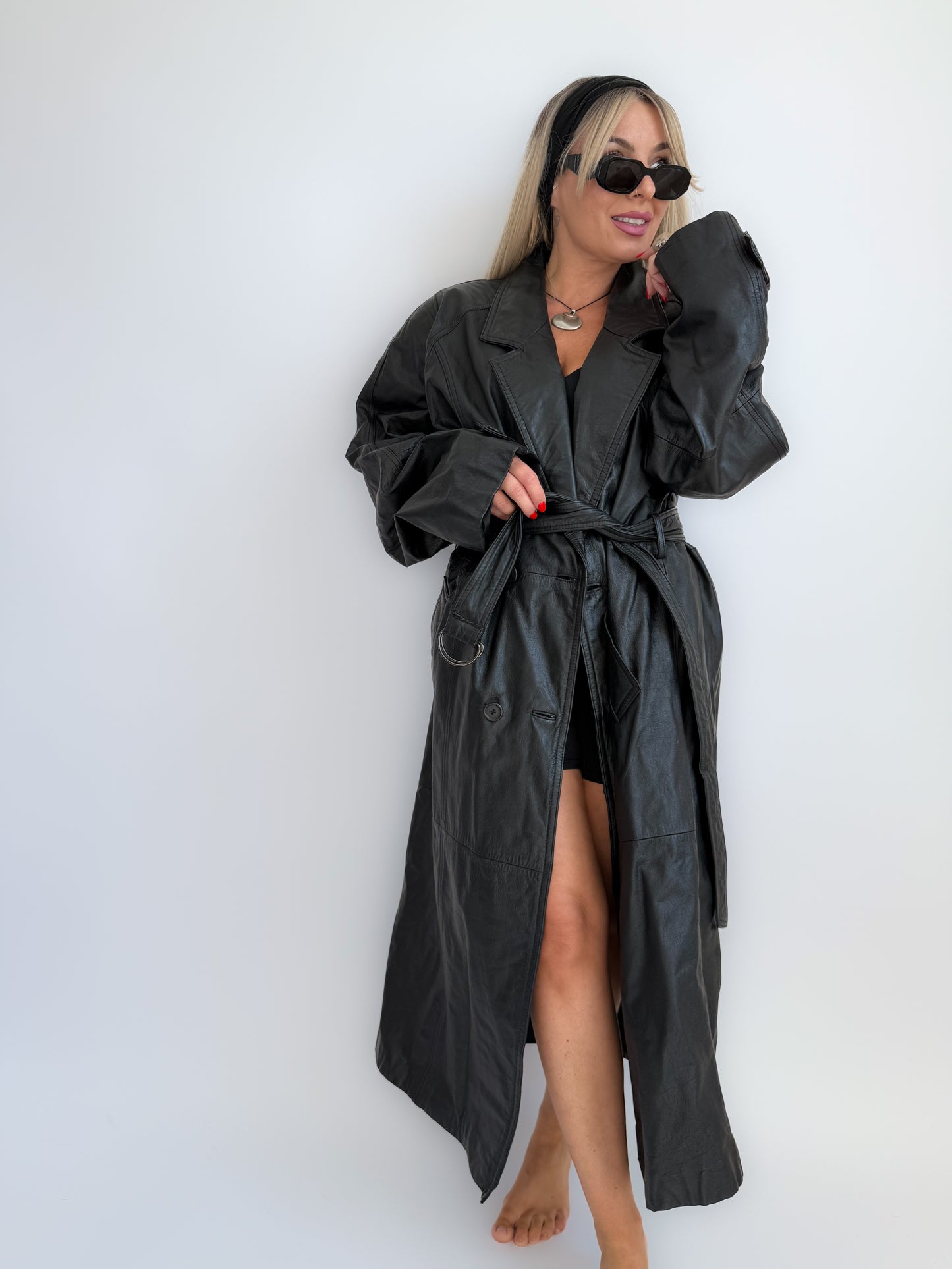 Vintage Black Genuine Leather Full Length Trench Coat – 90s Goth Grunge Statement Outerwear - L/XL