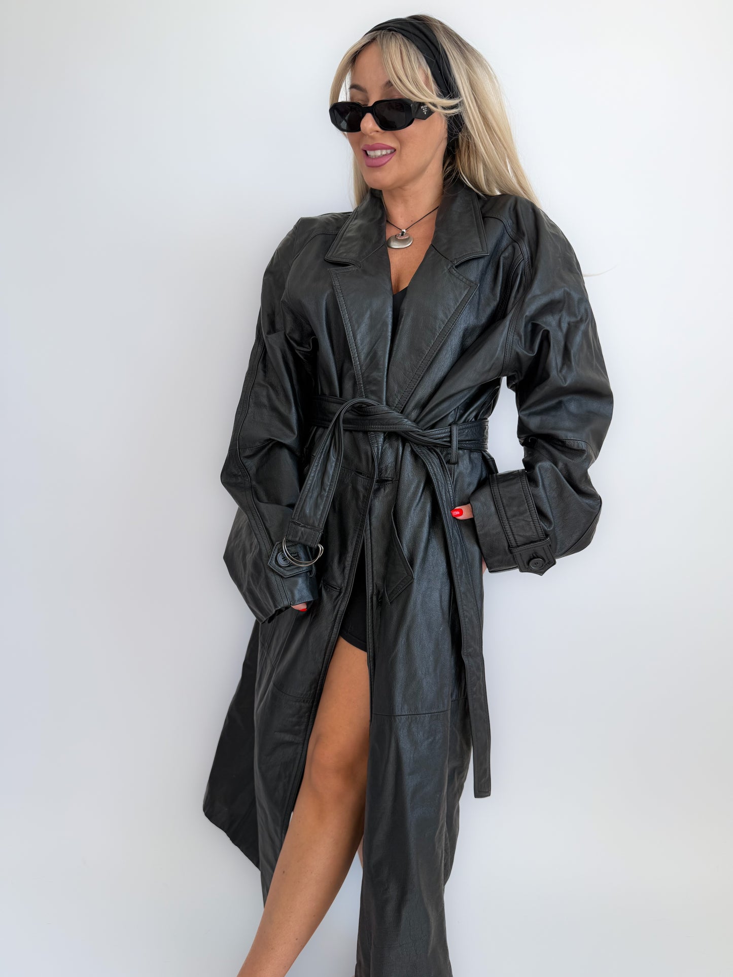 Vintage Black Genuine Leather Full Length Trench Coat – 90s Goth Grunge Statement Outerwear - L/XL