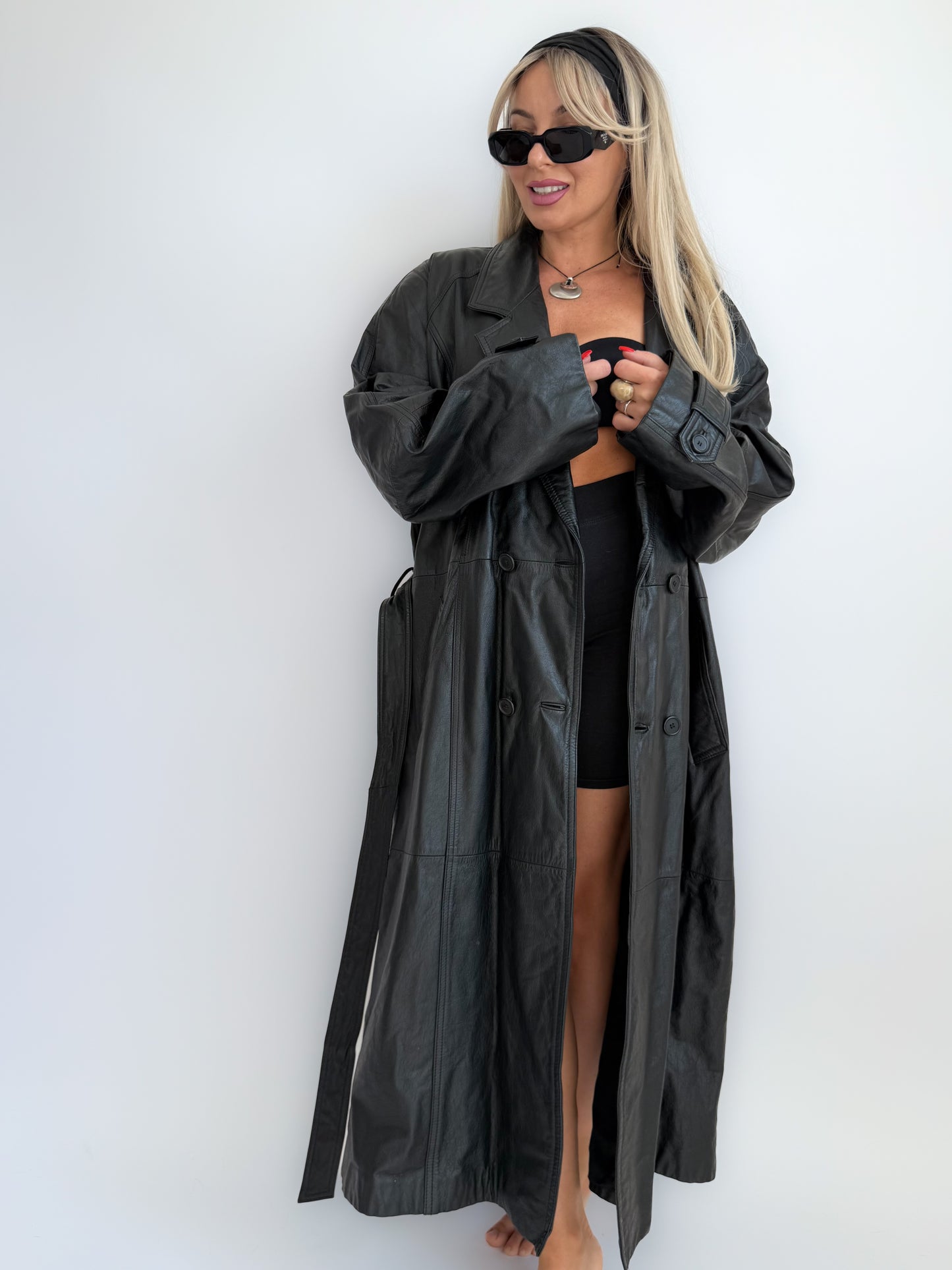 Vintage Black Genuine Leather Full Length Trench Coat – 90s Goth Grunge Statement Outerwear - L/XL