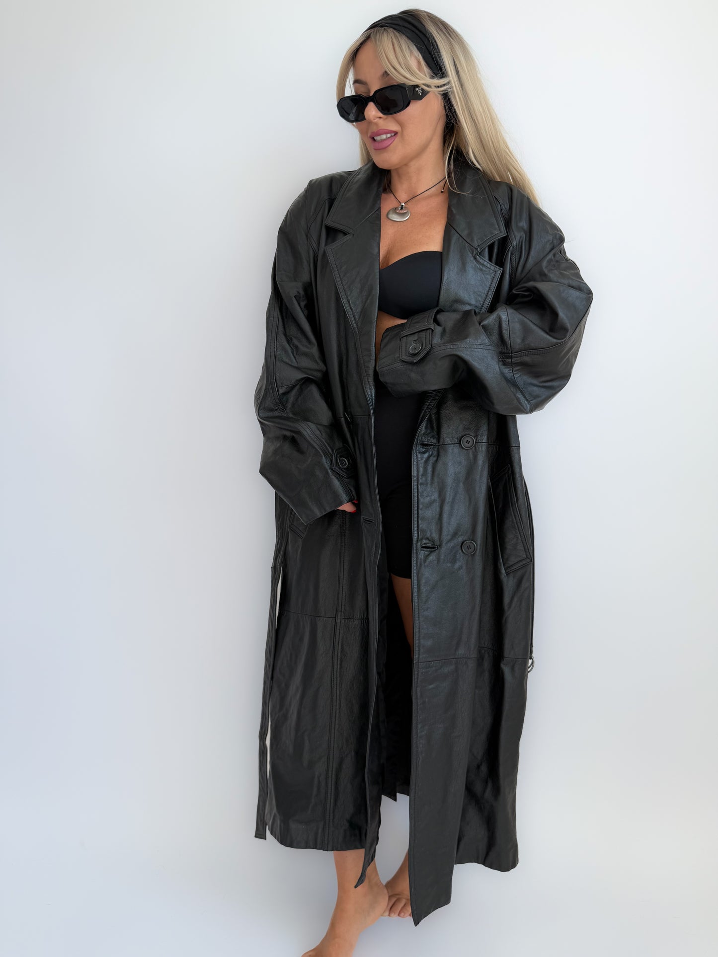 Vintage Black Genuine Leather Full Length Trench Coat – 90s Goth Grunge Statement Outerwear - L/XL