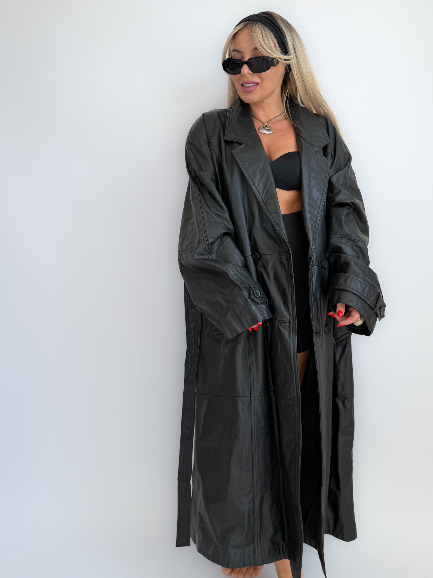 Vintage Black Genuine Leather Full Length Trench Coat – 90s Goth Grunge Statement Outerwear - L/XL