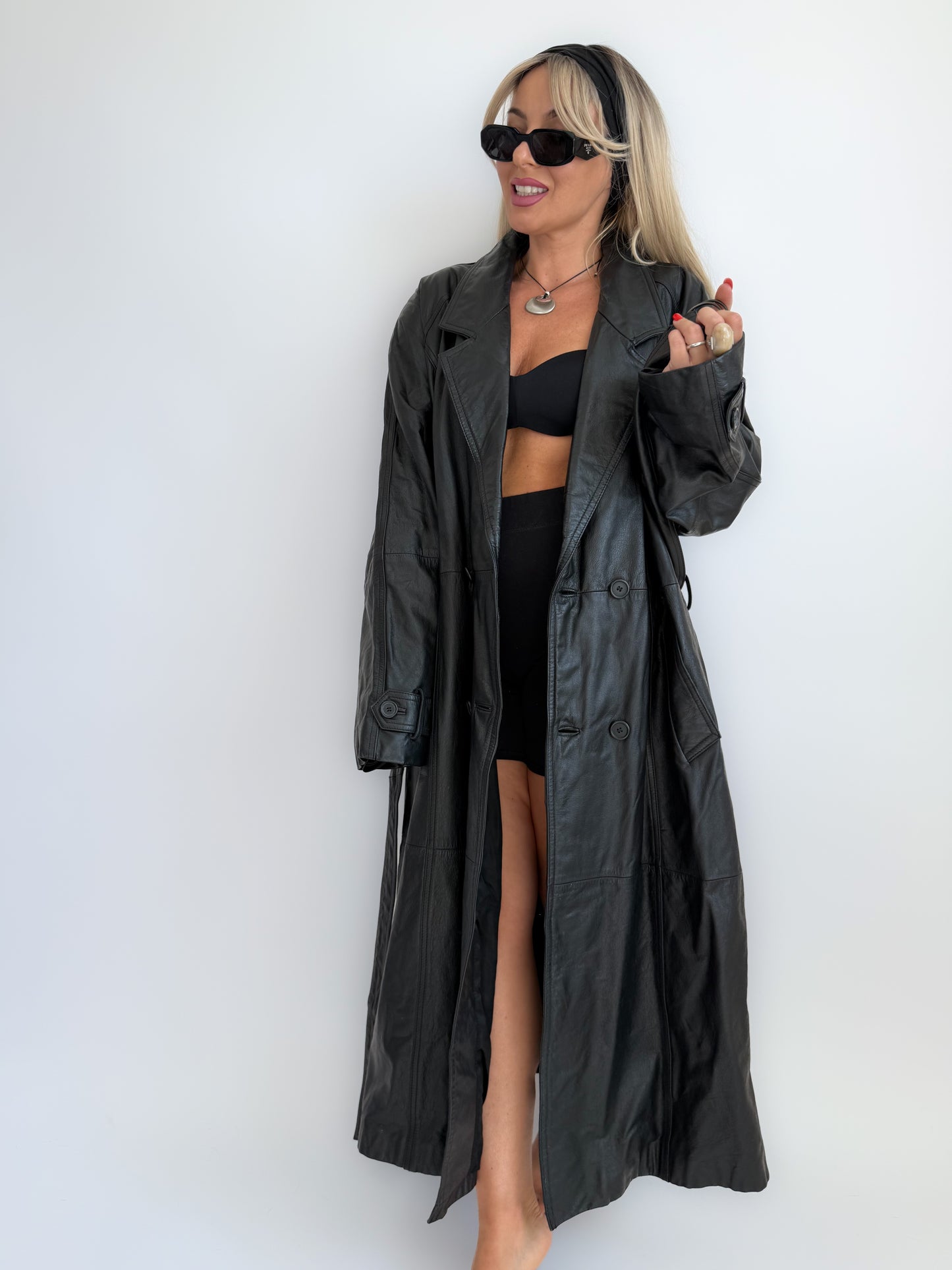 Vintage Black Genuine Leather Full Length Trench Coat – 90s Goth Grunge Statement Outerwear - L/XL
