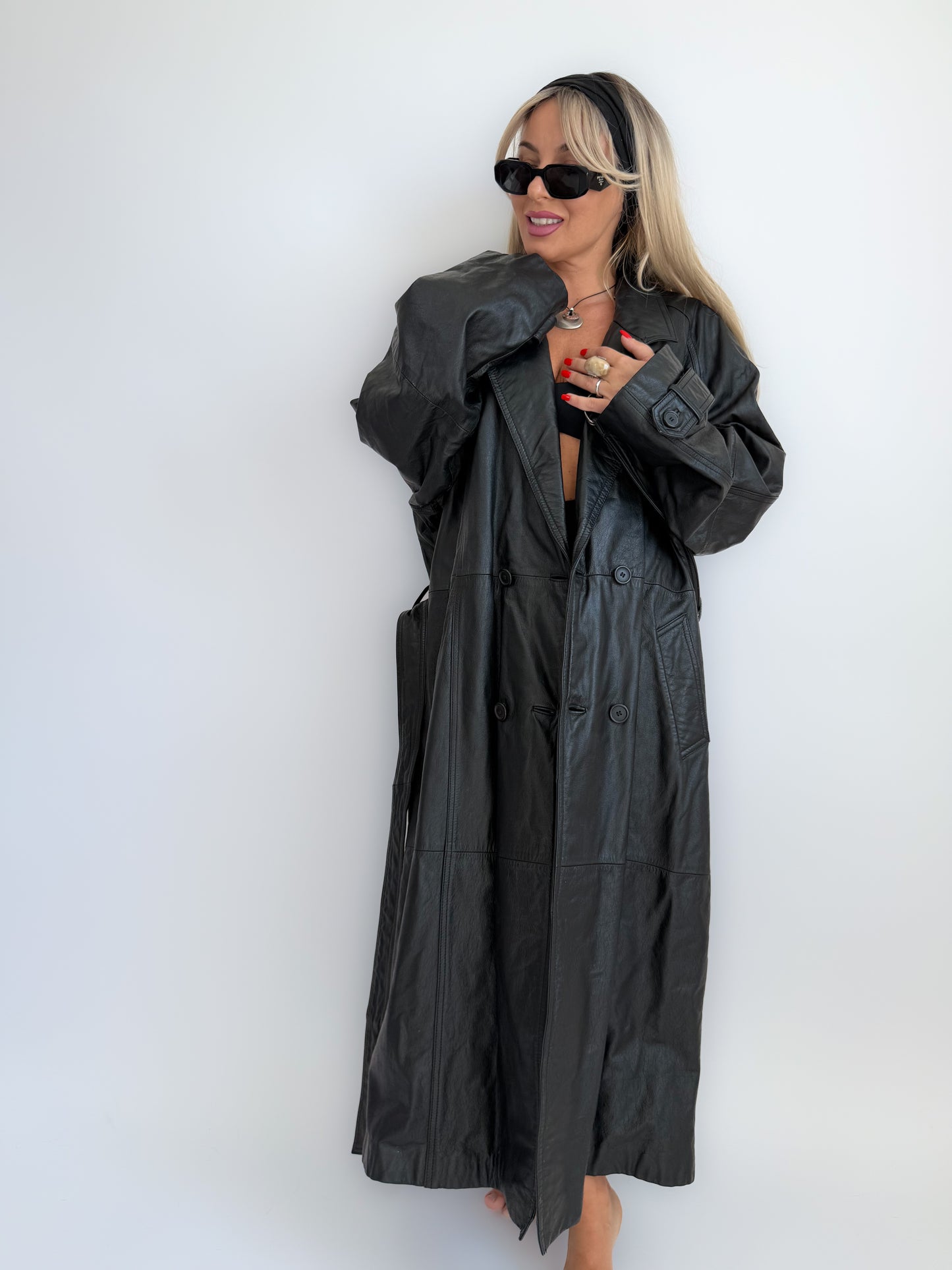 Vintage Black Genuine Leather Full Length Trench Coat – 90s Goth Grunge Statement Outerwear - L/XL