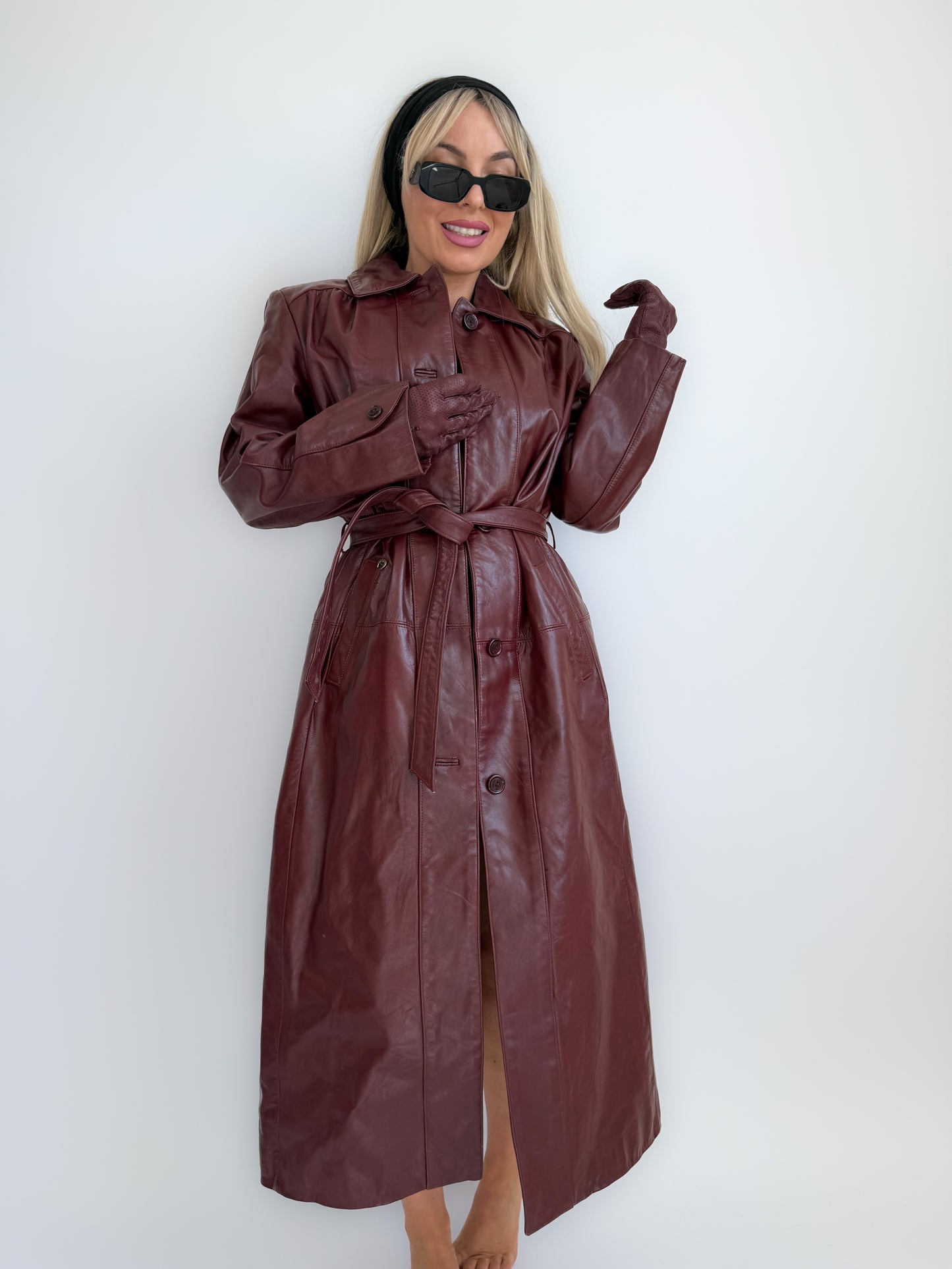 Vintage Burgundy Leather Trench Coat with Gloves – Vintage 90s Statement Long Jacket