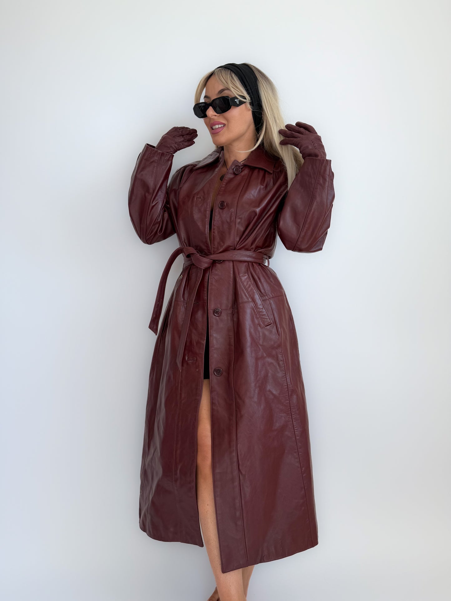 Vintage Burgundy Leather Trench Coat with Gloves – Vintage 90s Statement Long Jacket