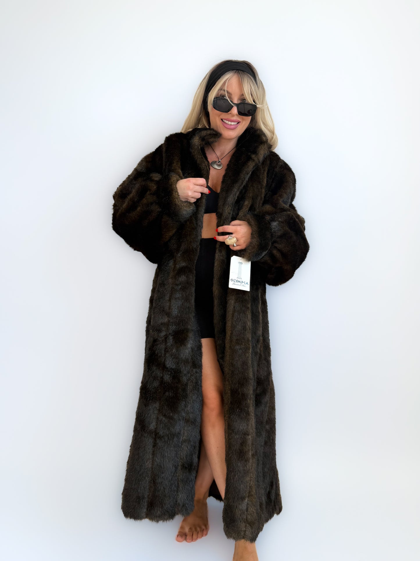 Vintage Long Faux Fur Coat – Full Length Dark Brown Plush Maxi Winter Jacket Size XL-XXL