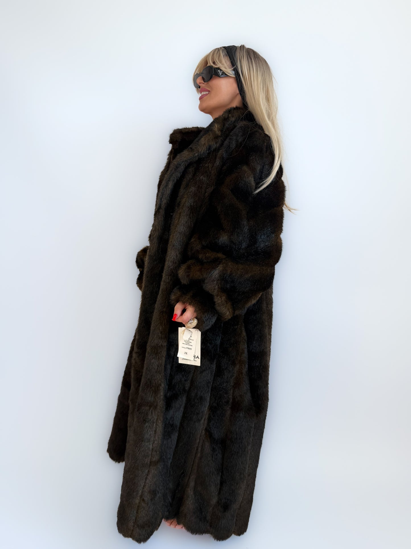 Vintage Long Faux Fur Coat – Full Length Dark Brown Plush Maxi Winter Jacket Size XL-XXL