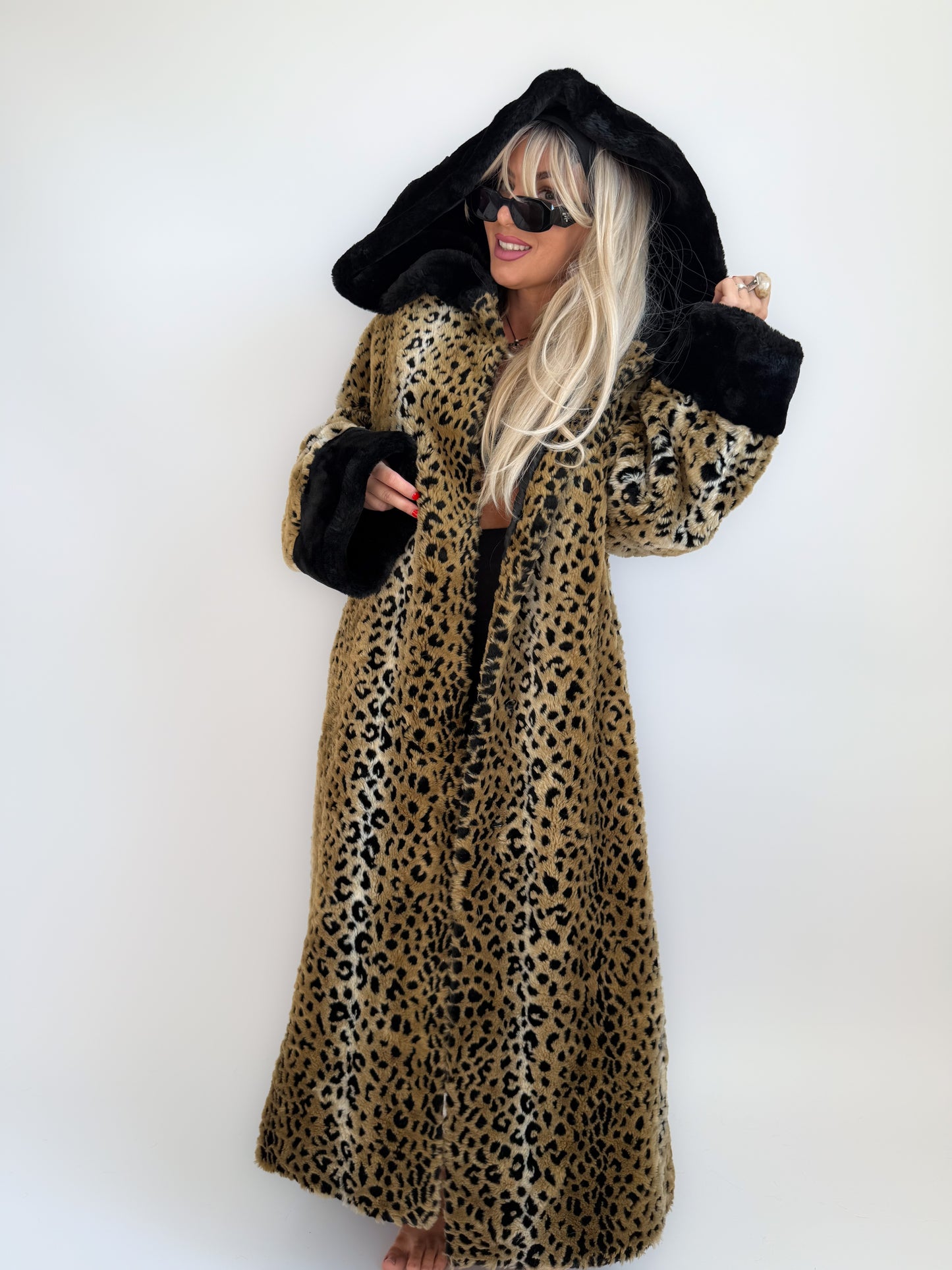 Vintage 90s Leopard Print Faux Fur Maxi Long Coat – Oversized Hooded Mob Wife Statement Jacket L-XL