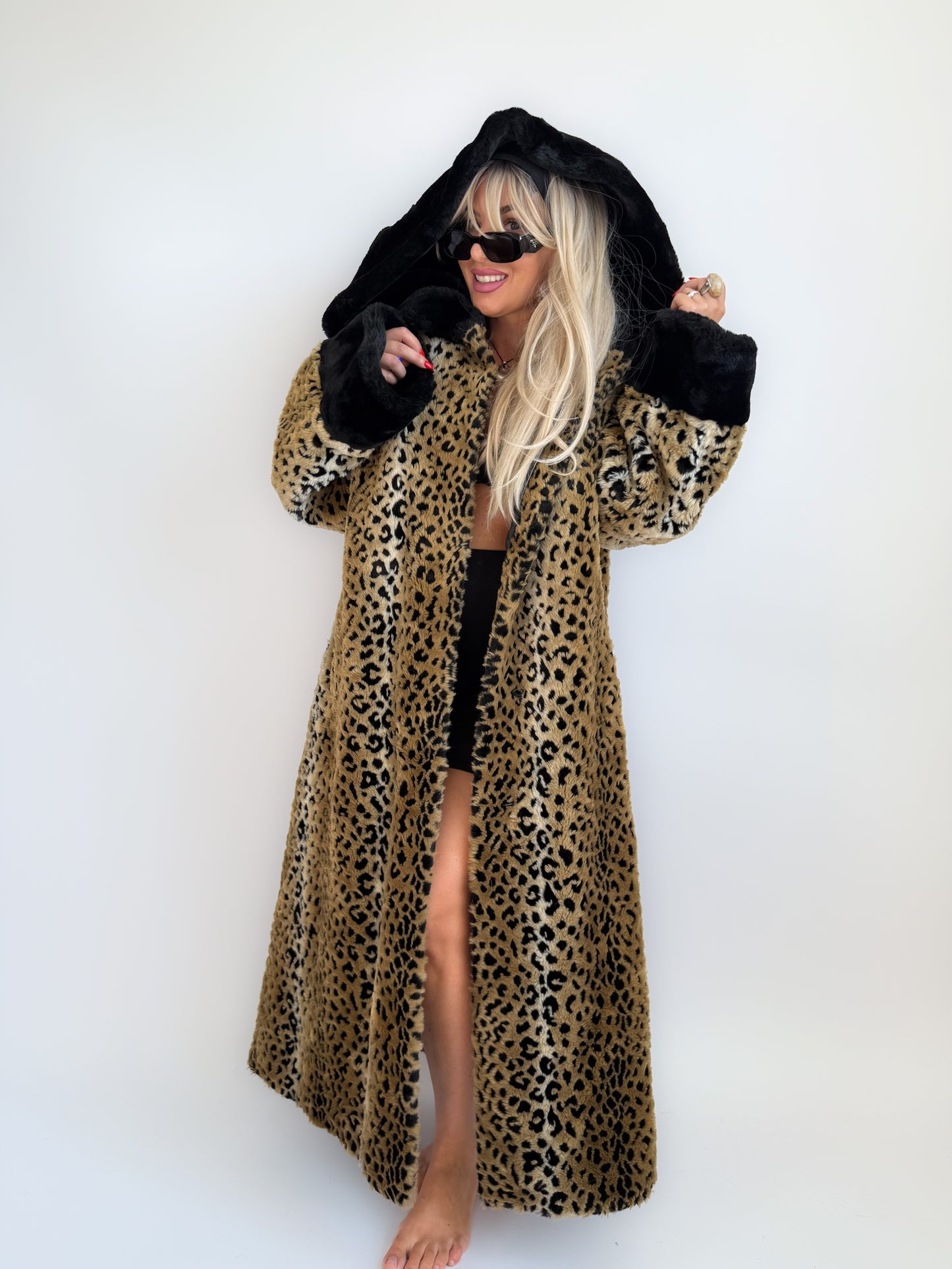 Vintage 90s Leopard Print Faux Fur Maxi Long Coat – Oversized Hooded Mob Wife Statement Jacket L-XL