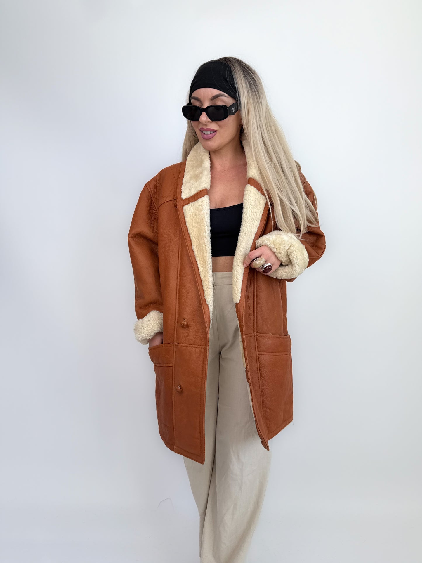 Vintage Shearling Sheepskin Leather Winter Coat Mens Womens