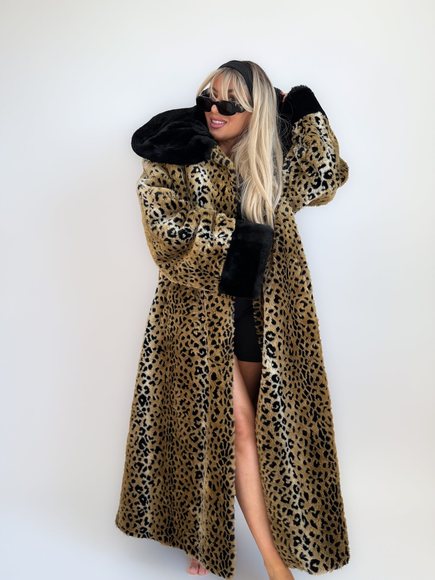 Vintage 90s Leopard Print Faux Fur Maxi Long Coat – Oversized Hooded Mob Wife Statement Jacket L-XL