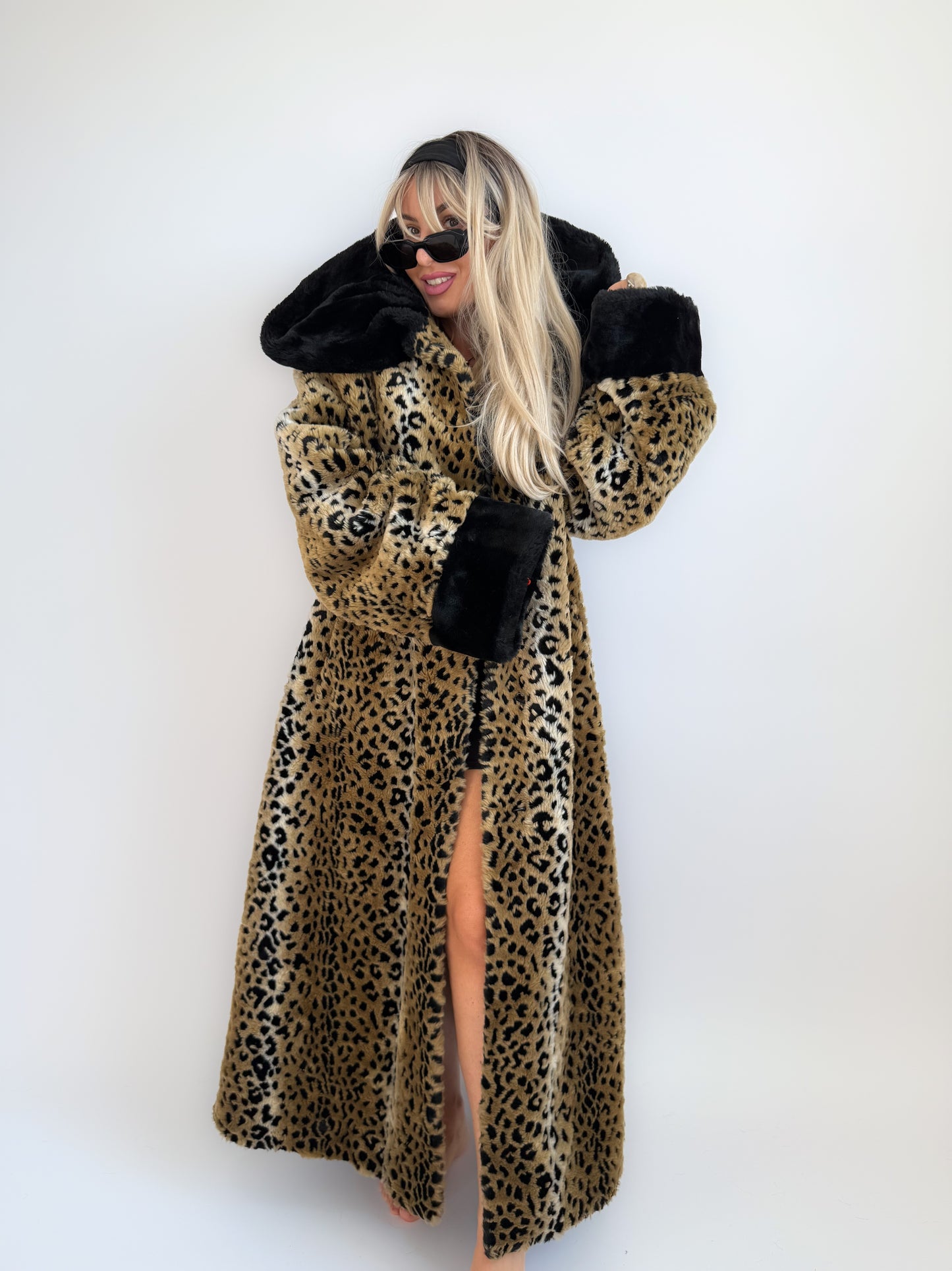 Vintage 90s Leopard Print Faux Fur Maxi Long Coat – Oversized Hooded Mob Wife Statement Jacket L-XL