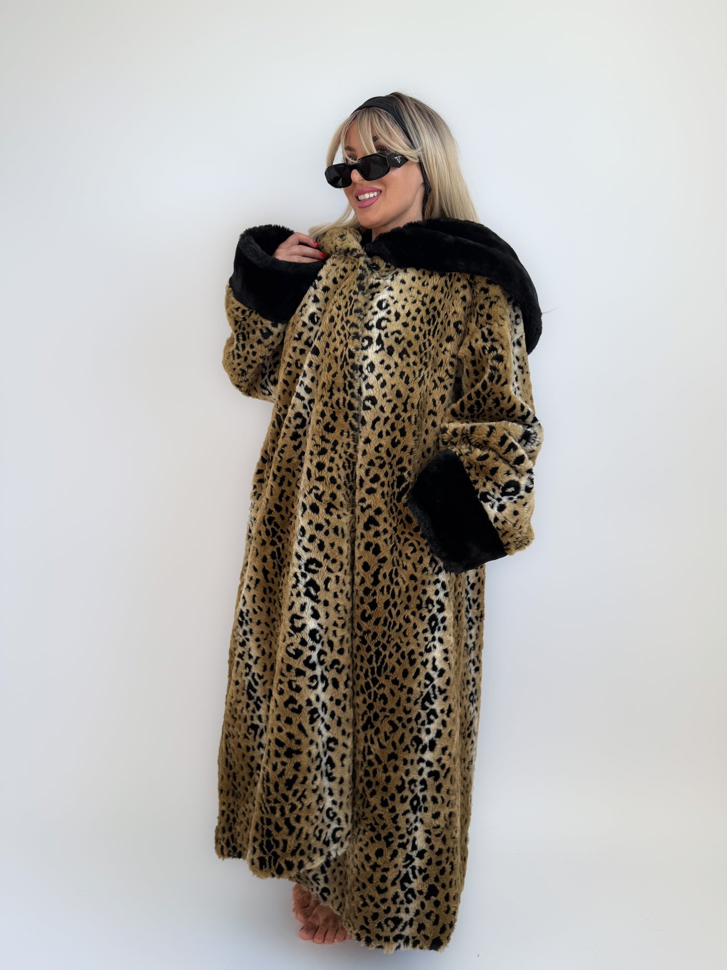 Vintage 90s Leopard Print Faux Fur Maxi Long Coat – Oversized Hooded Mob Wife Statement Jacket L-XL