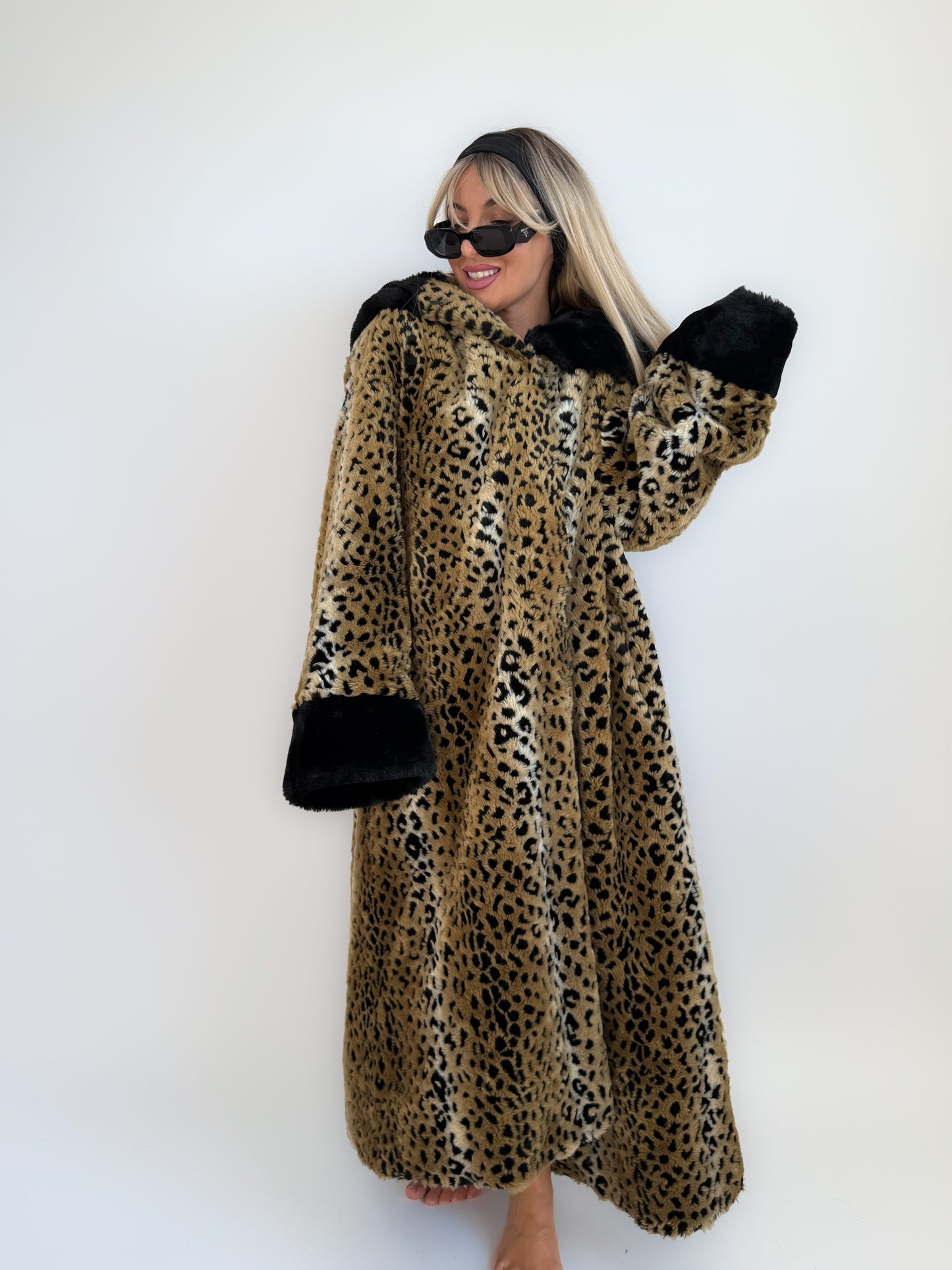 Vintage 90s Leopard Print Faux Fur Maxi Long Coat – Oversized Hooded Mob Wife Statement Jacket L-XL