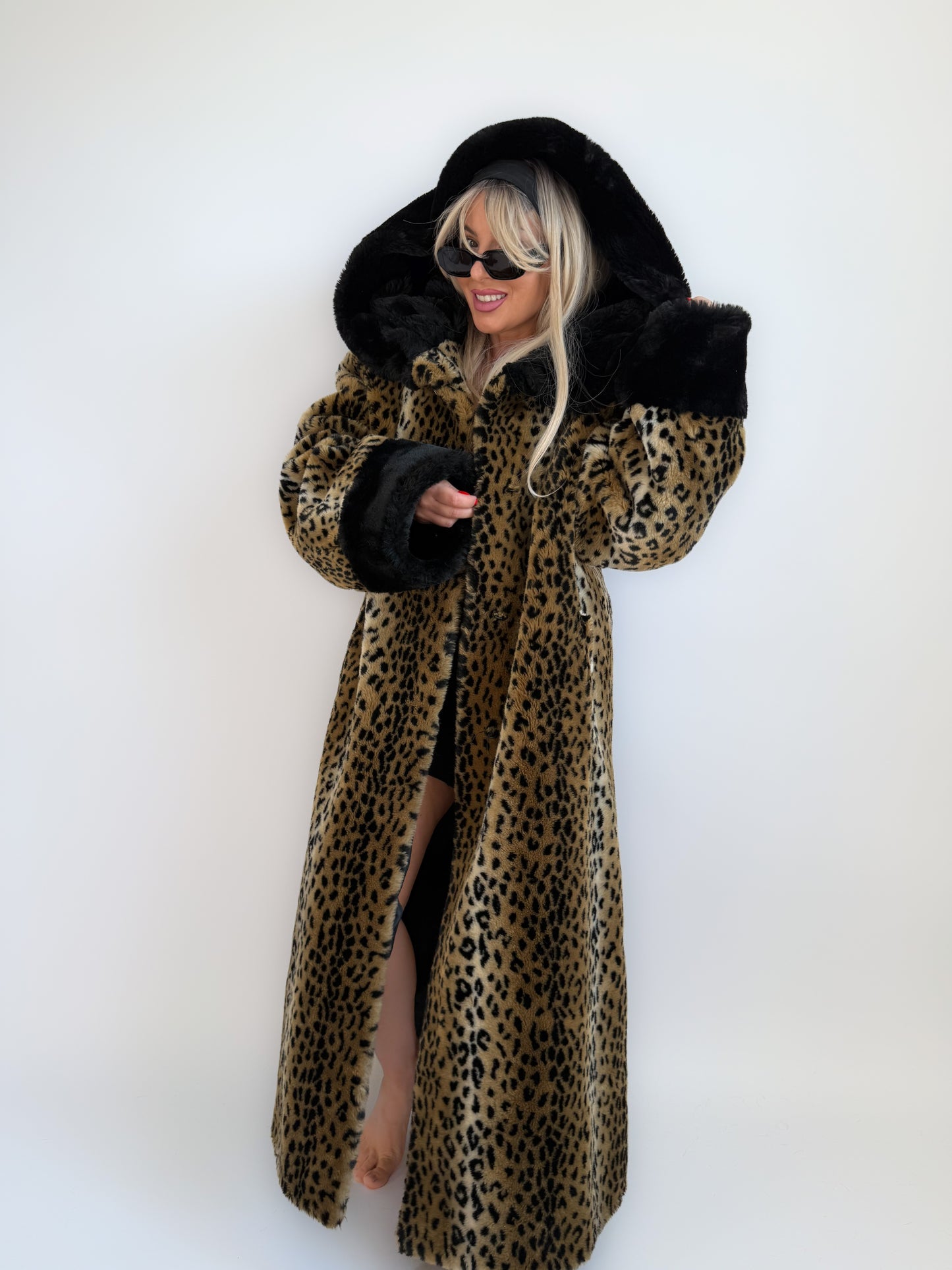 Vintage 90s Leopard Print Faux Fur Maxi Long Coat – Oversized Hooded Mob Wife Statement Jacket L-XL