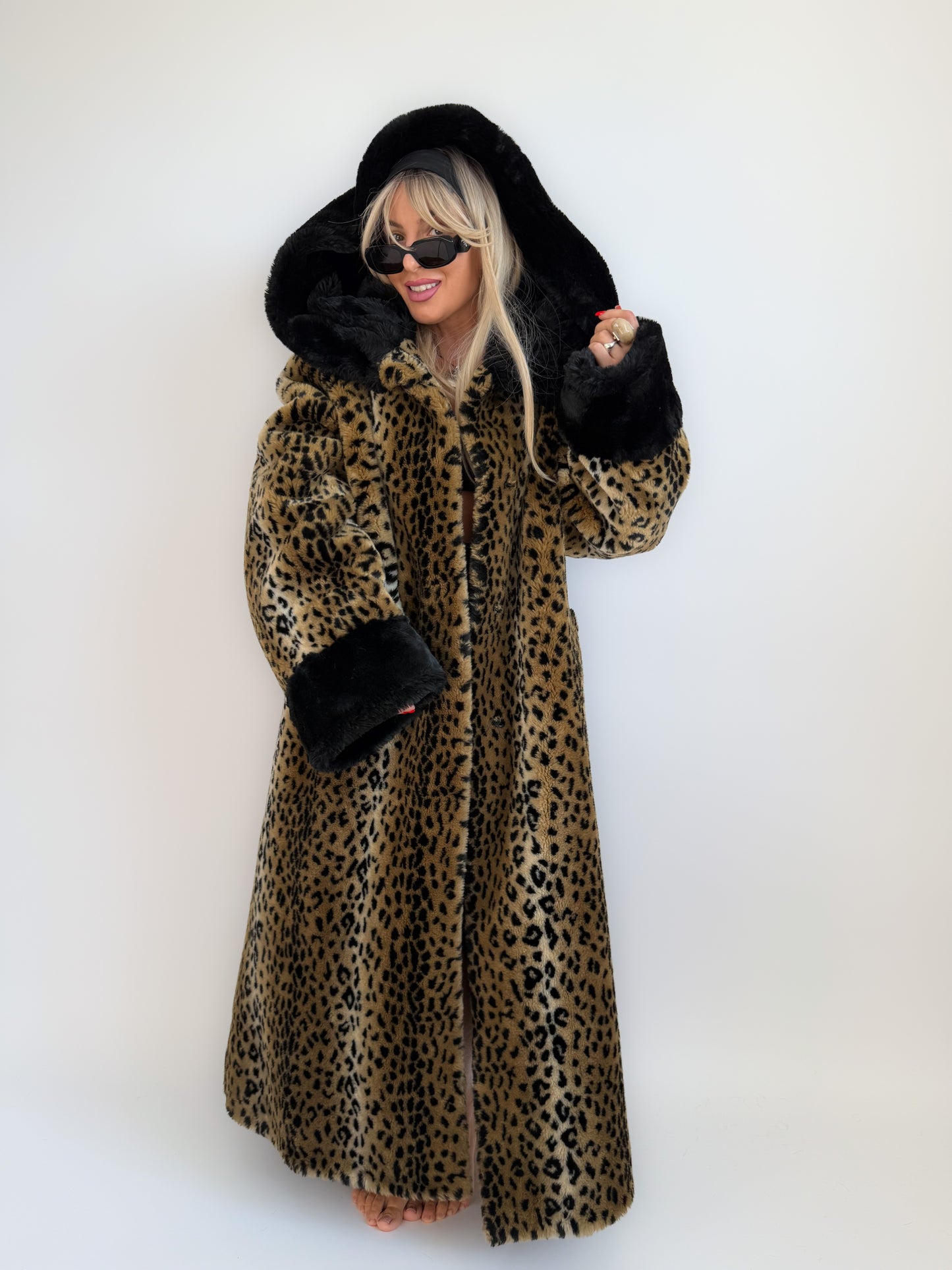 Vintage 90s Leopard Print Faux Fur Maxi Long Coat – Oversized Hooded Mob Wife Statement Jacket L-XL