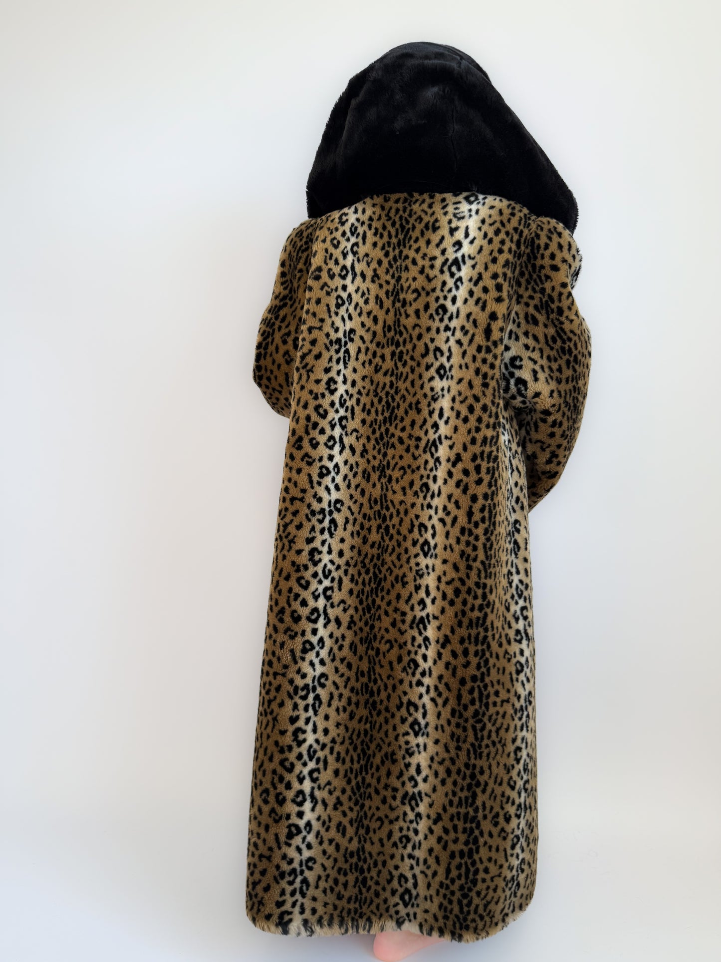 Vintage 90s Leopard Print Faux Fur Maxi Long Coat – Oversized Hooded Mob Wife Statement Jacket L-XL