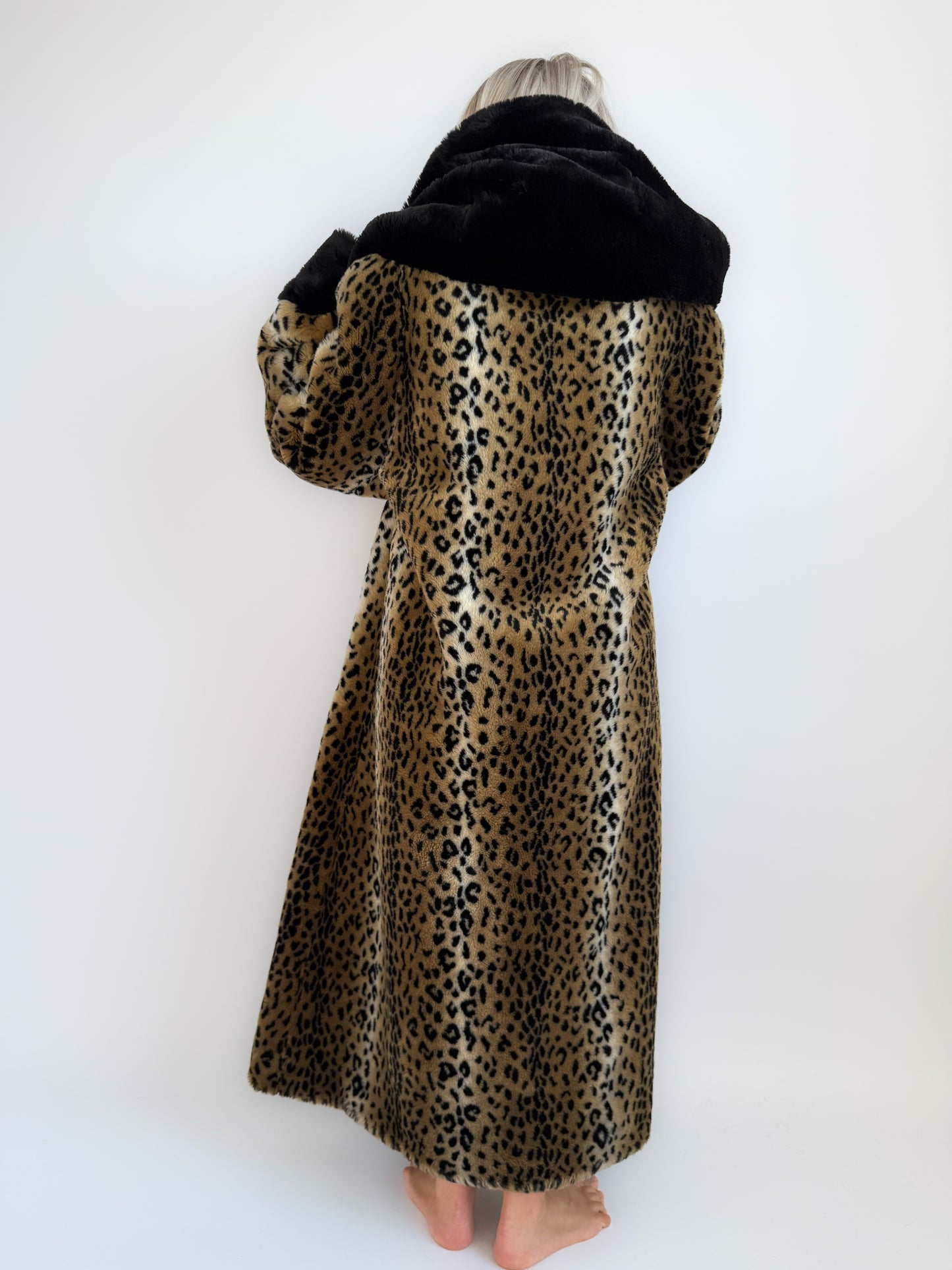 Vintage 90s Leopard Print Faux Fur Maxi Long Coat – Oversized Hooded Mob Wife Statement Jacket L-XL
