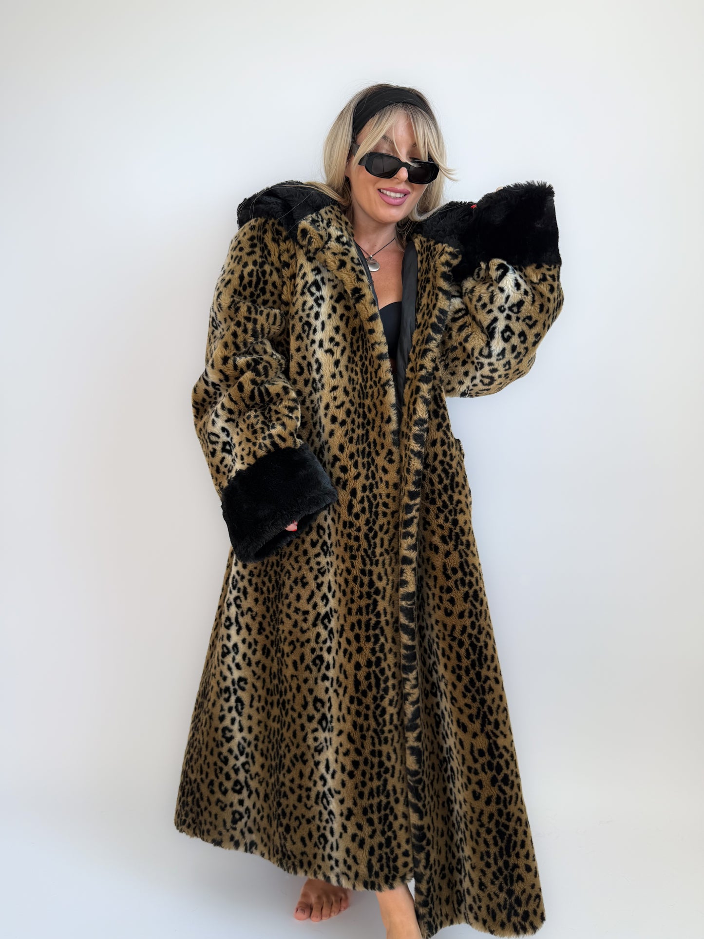 Vintage 90s Leopard Print Faux Fur Maxi Long Coat – Oversized Hooded Mob Wife Statement Jacket L-XL
