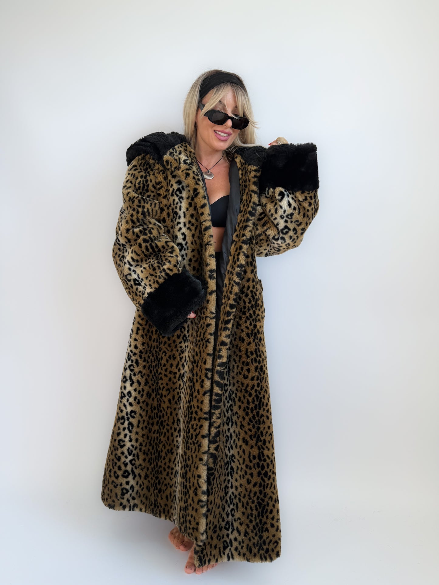 Vintage 90s Leopard Print Faux Fur Maxi Long Coat – Oversized Hooded Mob Wife Statement Jacket L-XL