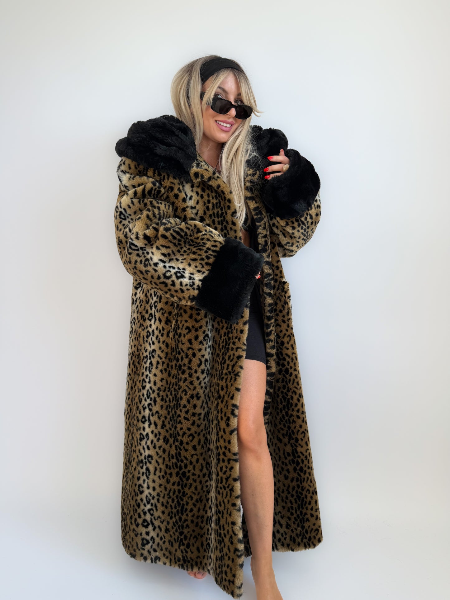 Vintage 90s Leopard Print Faux Fur Maxi Long Coat – Oversized Hooded Mob Wife Statement Jacket L-XL