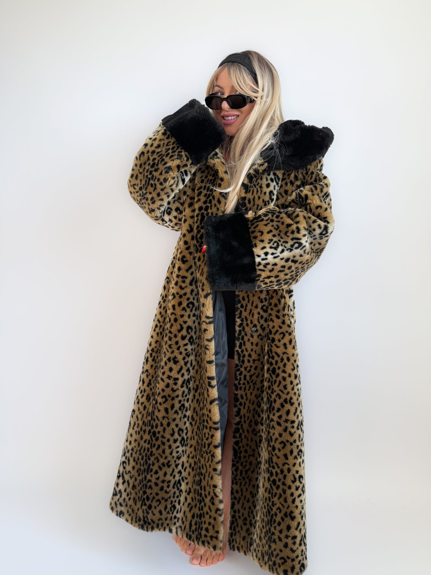 Vintage 90s Leopard Print Faux Fur Maxi Long Coat – Oversized Hooded Mob Wife Statement Jacket L-XL