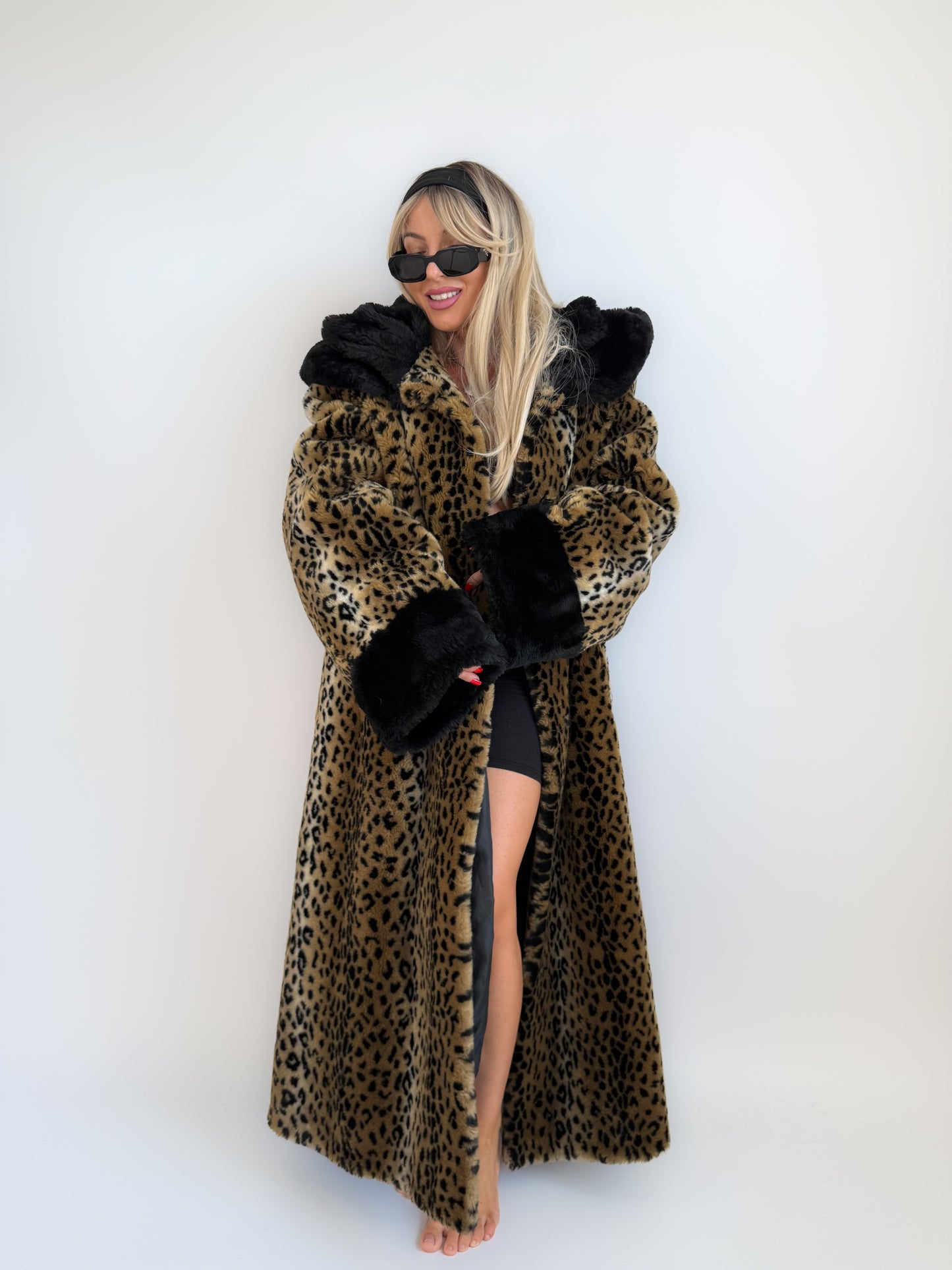 Vintage 90s Leopard Print Faux Fur Maxi Long Coat – Oversized Hooded Mob Wife Statement Jacket L-XL
