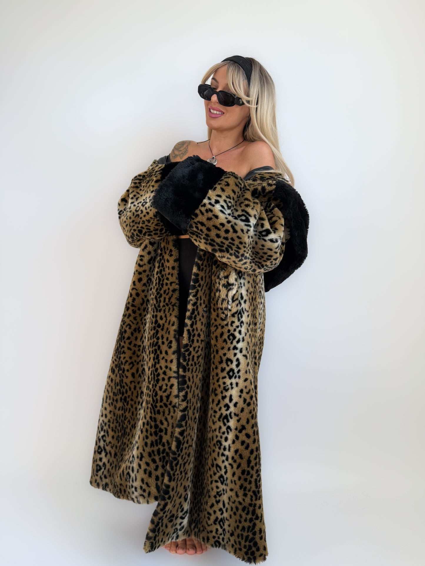 Vintage 90s Leopard Print Faux Fur Maxi Long Coat – Oversized Hooded Mob Wife Statement Jacket L-XL