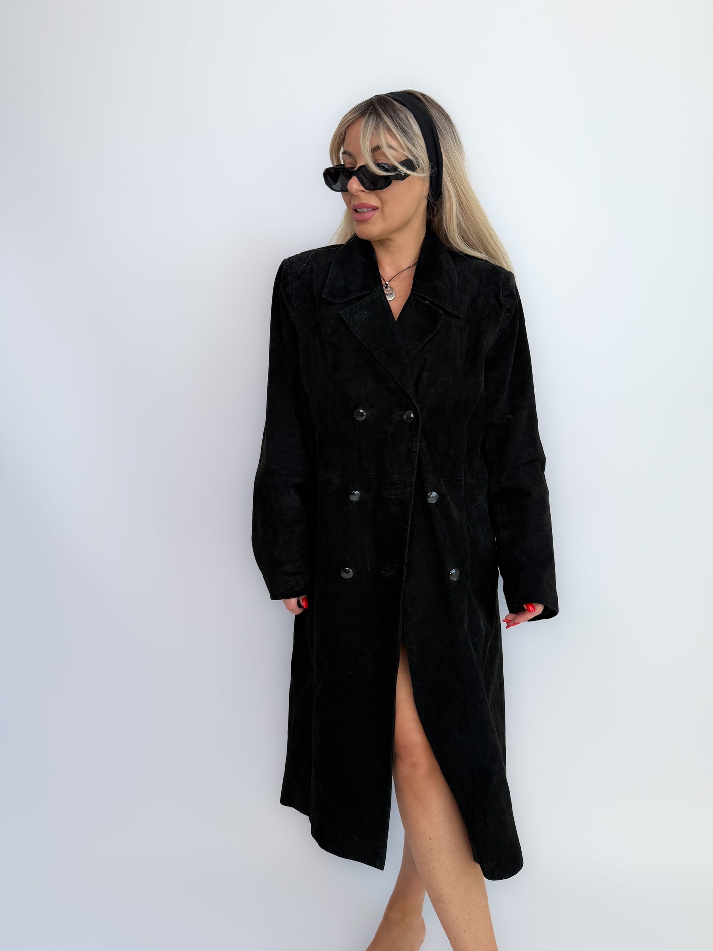Vintage Black Suede Trench Coat – Classic Double-Breasted Leather Fall Statement Jacket S-M