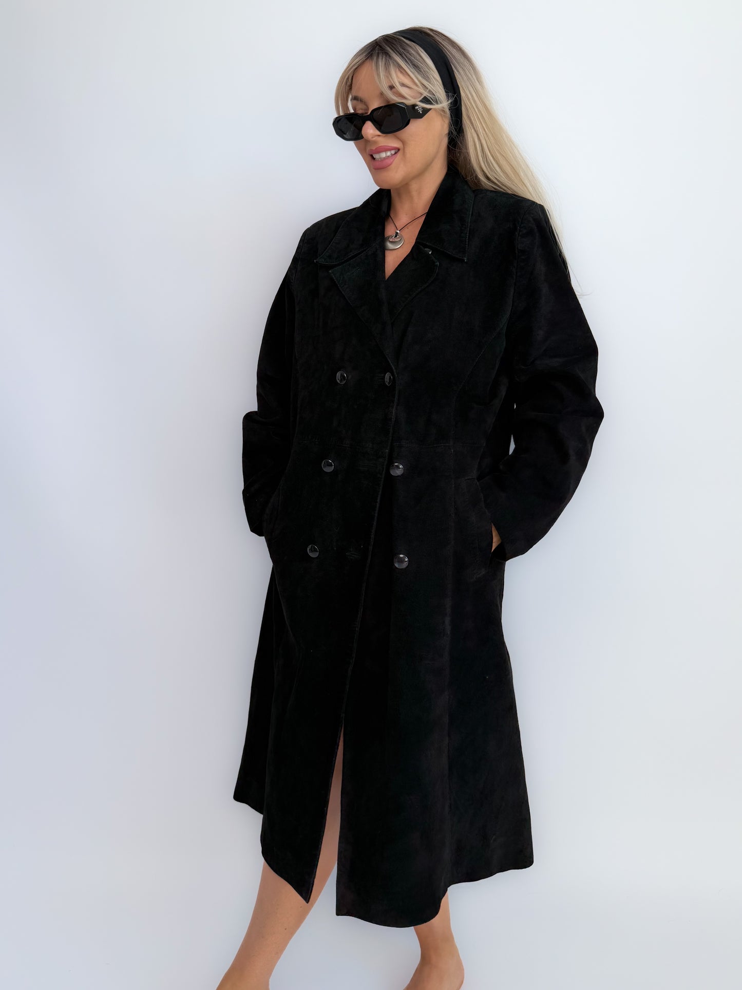 Vintage Black Suede Trench Coat – Classic Double-Breasted Leather Fall Statement Jacket S-M
