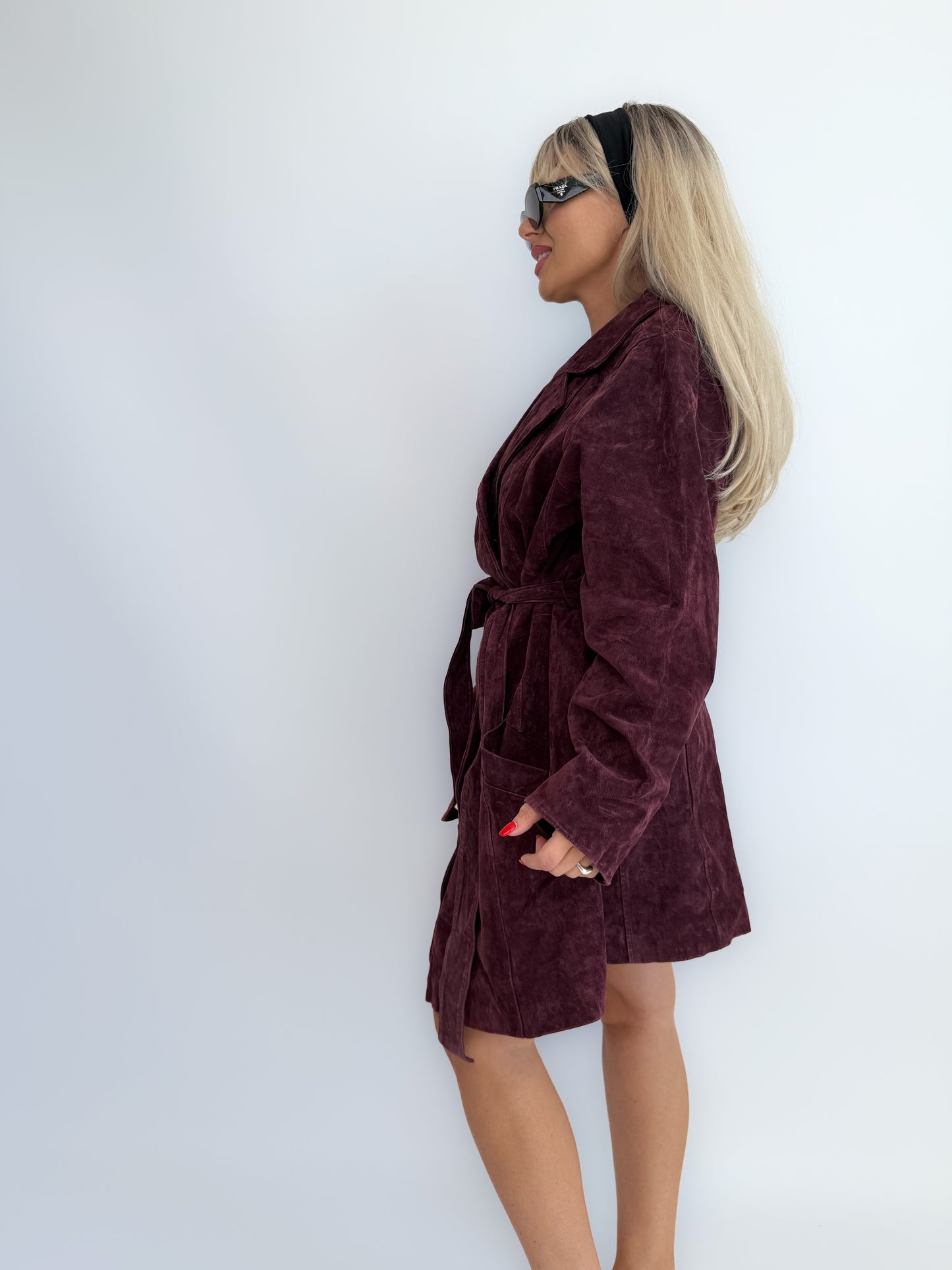 Vintage Plum Burgundy Suede Trench Coat – Genuine Washable Leather Jacket with Waist Belt L-XL