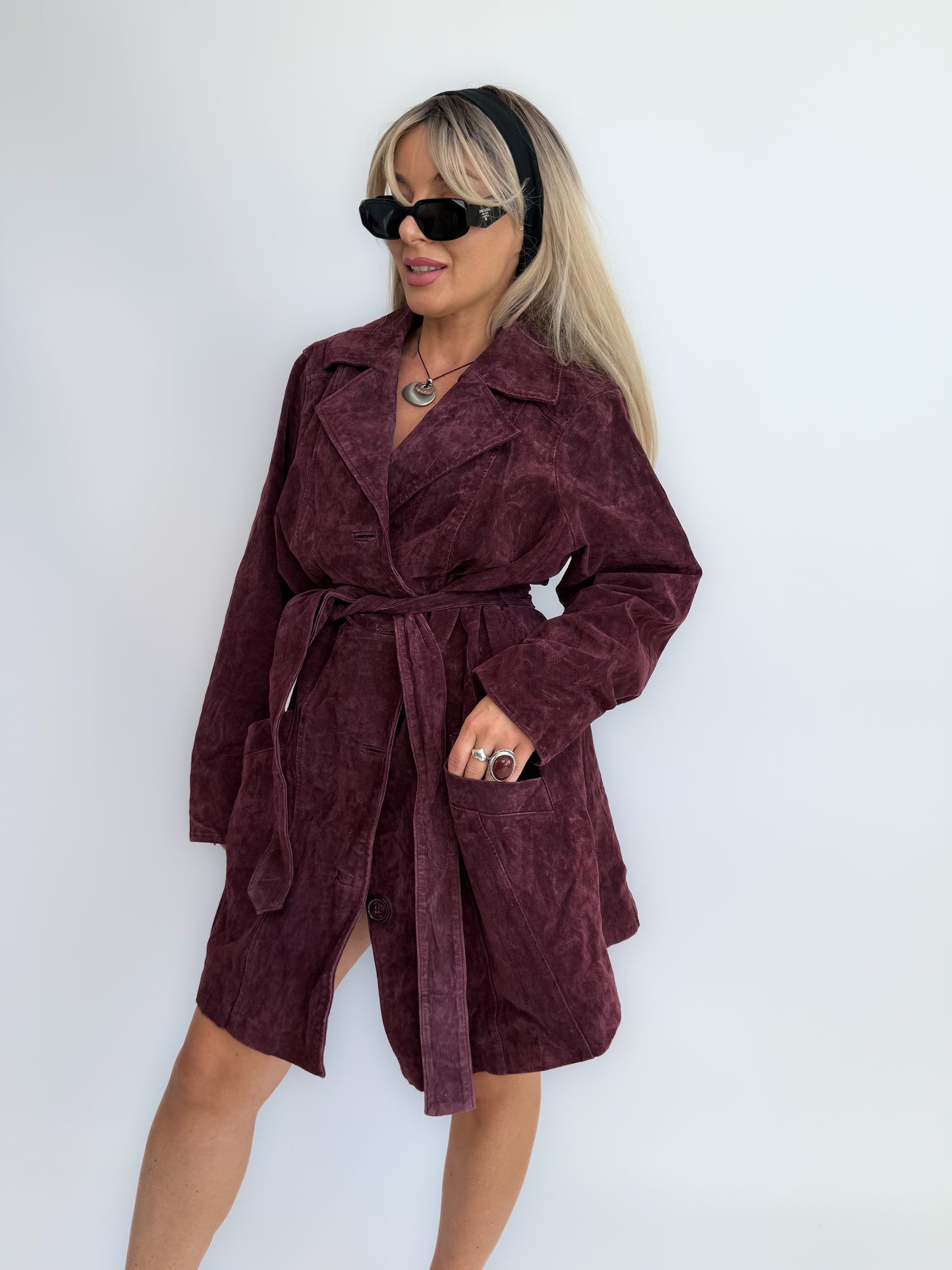 Vintage Plum Burgundy Suede Trench Coat – Genuine Washable Leather Jacket with Waist Belt L-XL