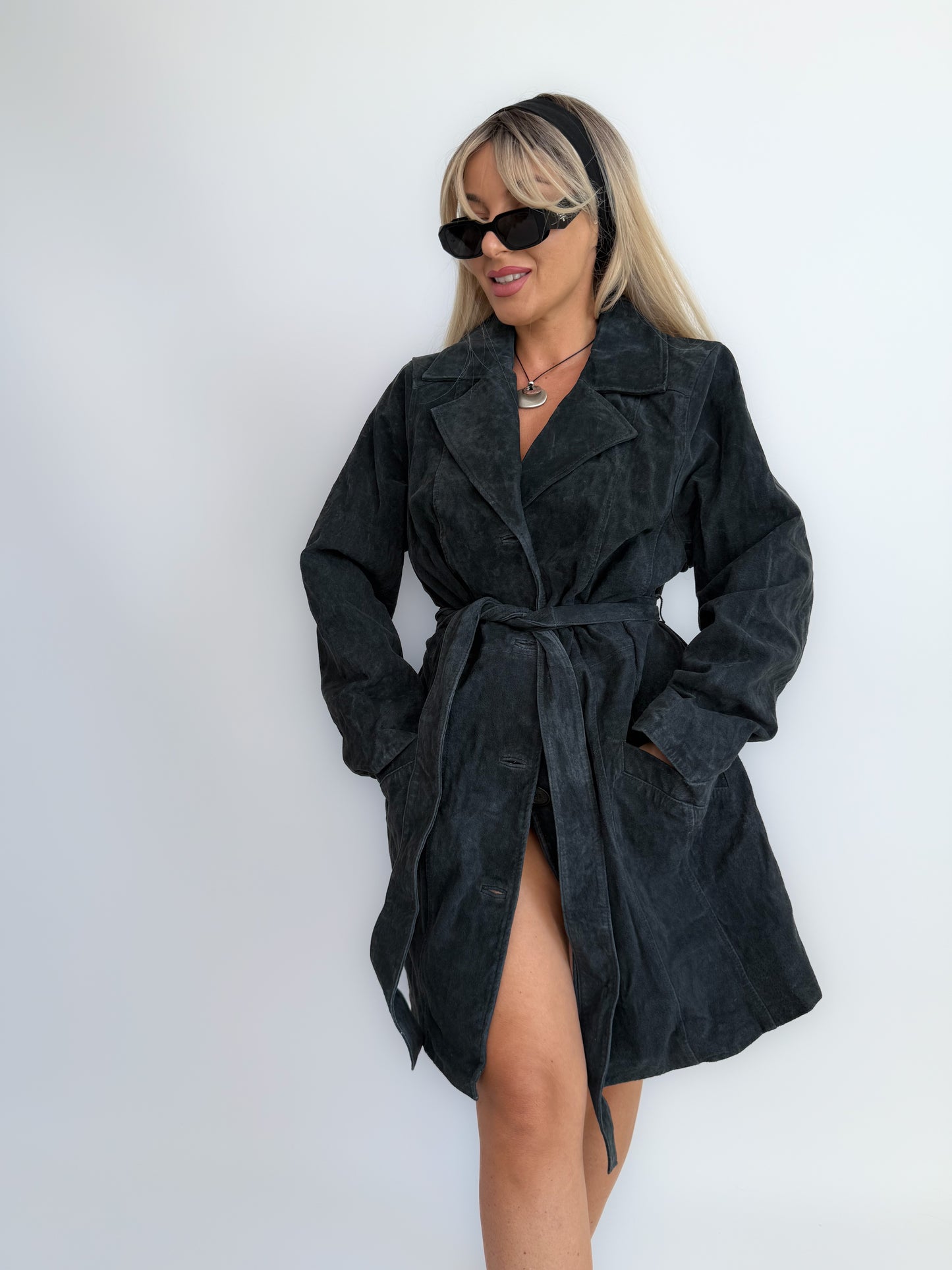 Vintage 90s Navy Blue Washable Suede Trench Coat – Oversized Plus Size Y2K Statement Fall Jacket with Waist Belt L