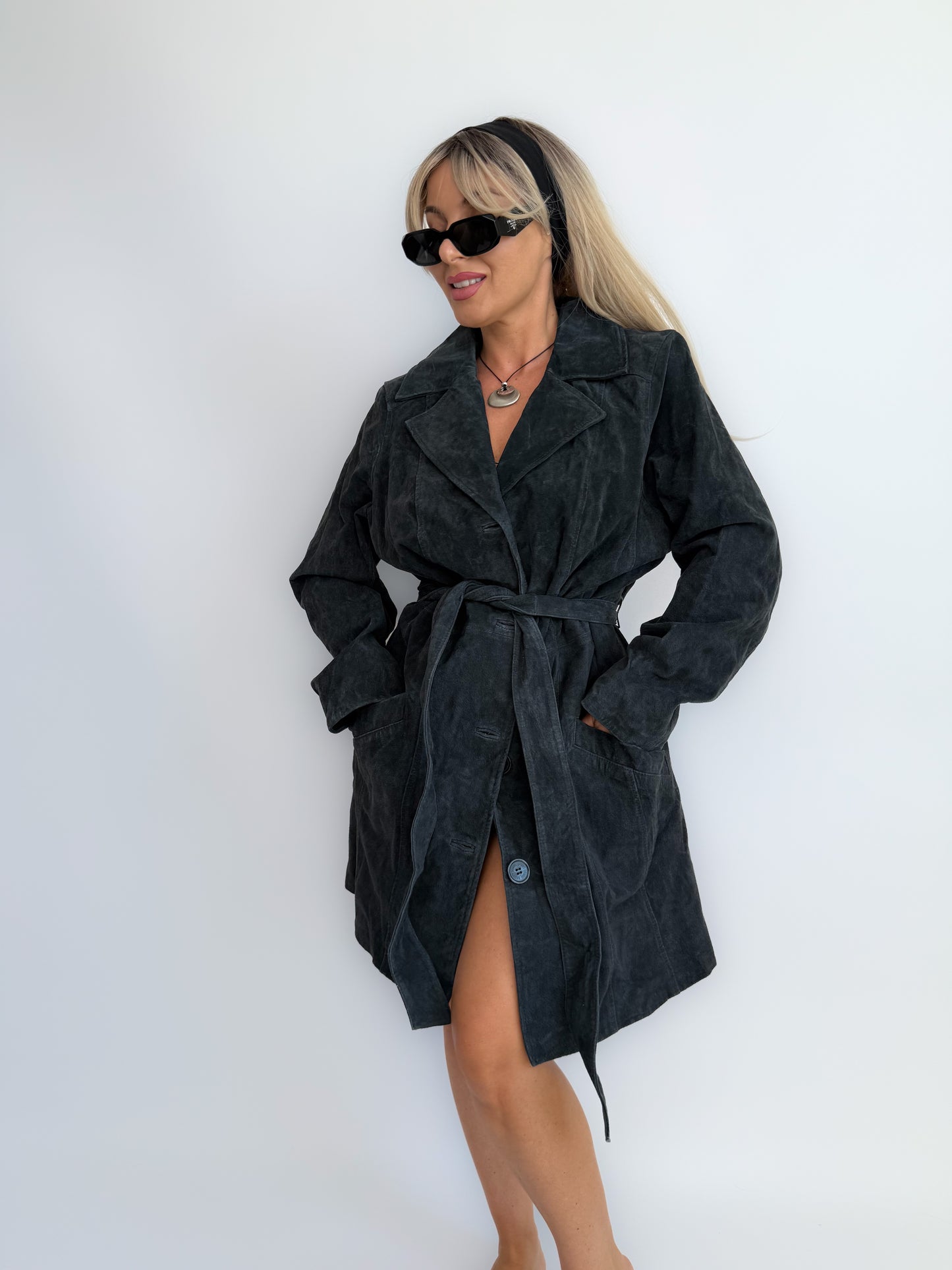 Vintage 90s Navy Blue Washable Suede Trench Coat – Oversized Plus Size Y2K Statement Fall Jacket with Waist Belt L