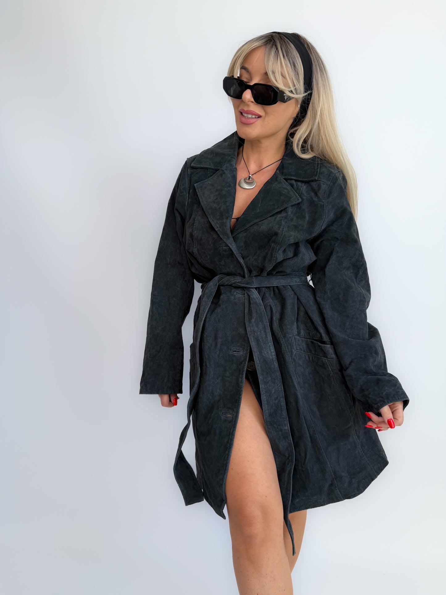 Vintage 90s Navy Blue Washable Suede Trench Coat – Oversized Plus Size Y2K Statement Fall Jacket with Waist Belt L