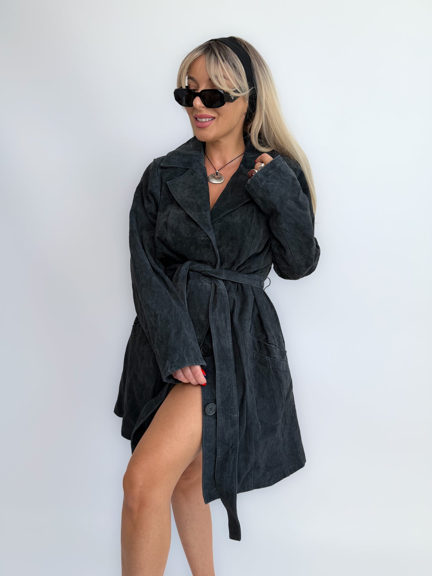 Vintage 90s Navy Blue Washable Suede Trench Coat – Oversized Plus Size Y2K Statement Fall Jacket with Waist Belt L
