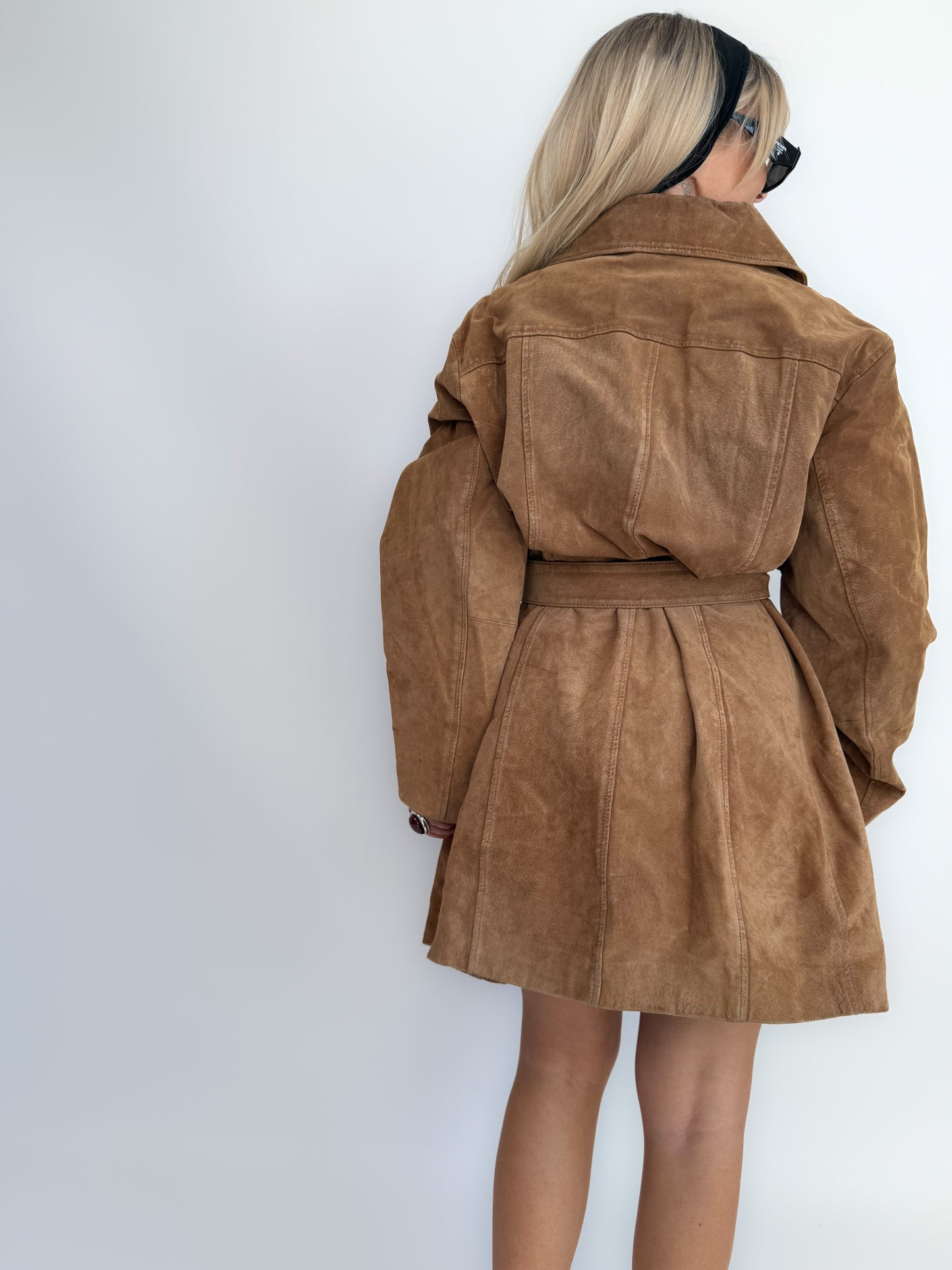 Vintage Tan Beige Camel Natural Suede Leather Belted Trench Coat – 90s Y2K Fall Statement Plus Size Jacket XL-XXL