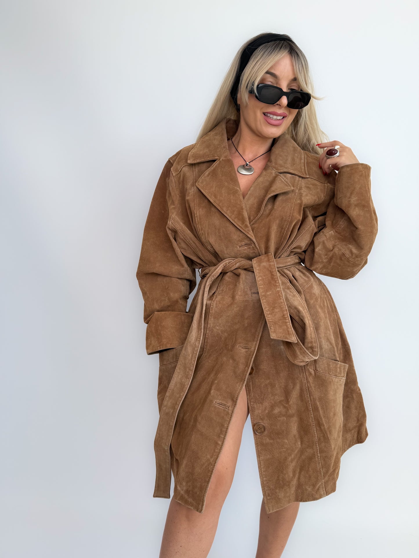 Vintage Tan Beige Camel Natural Suede Leather Belted Trench Coat – 90s Y2K Fall Statement Plus Size Jacket XL-XXL