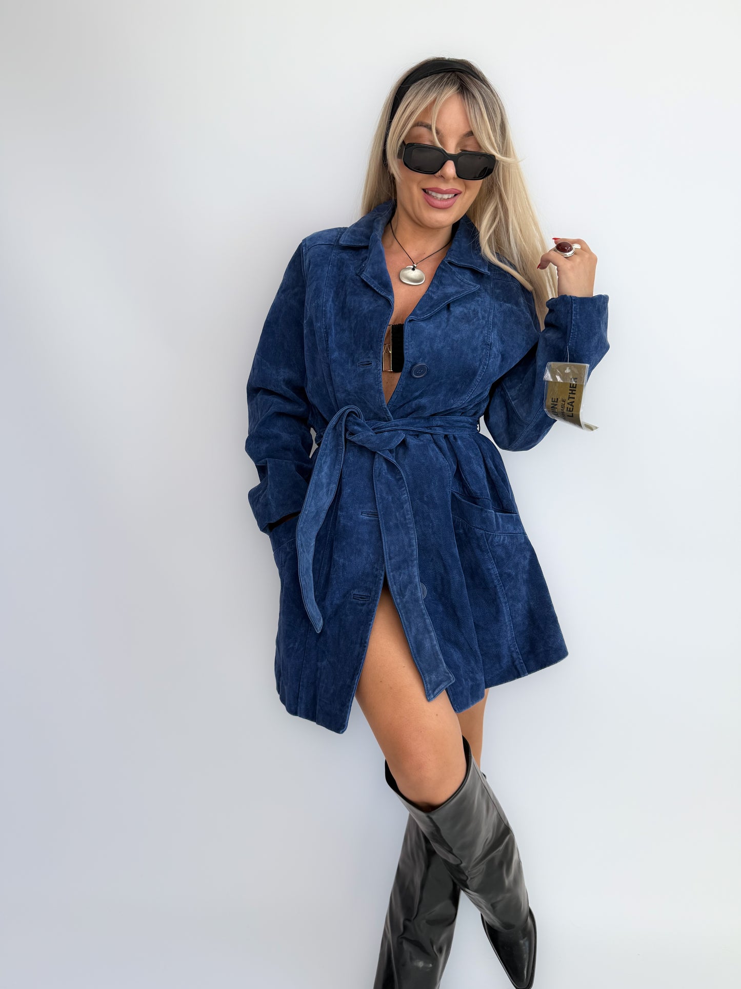 Vintage Navy Blue Suede Trench Coat – Belted Waist, Bohemian Fall Statement Jacket S-M