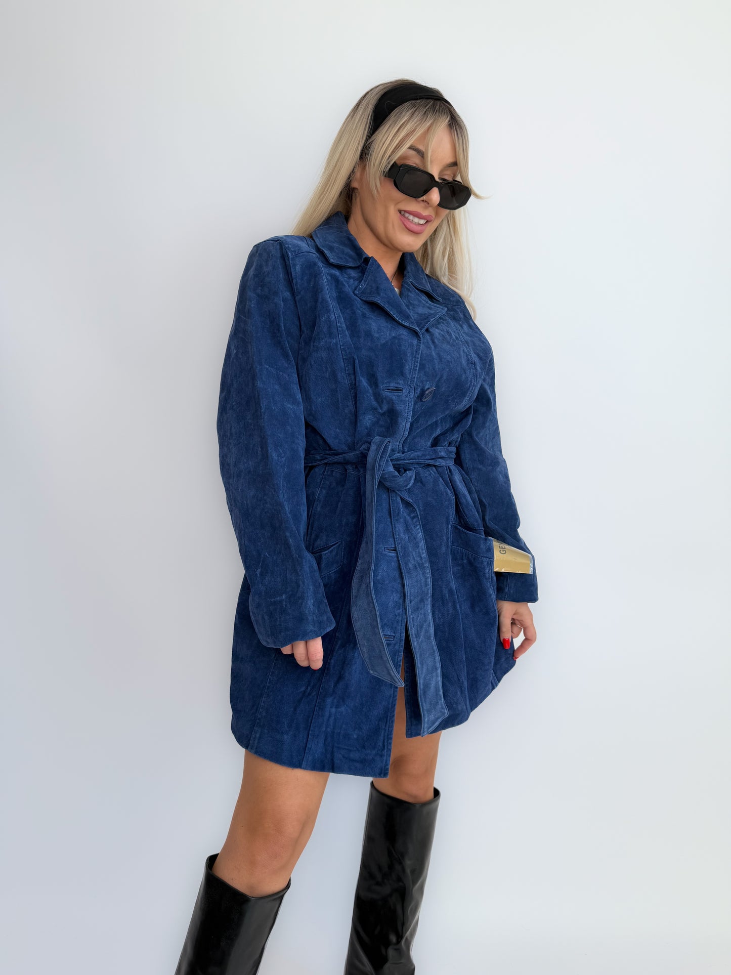 Vintage Navy Blue Suede Trench Coat – Belted Waist, Bohemian Fall Statement Jacket S-M
