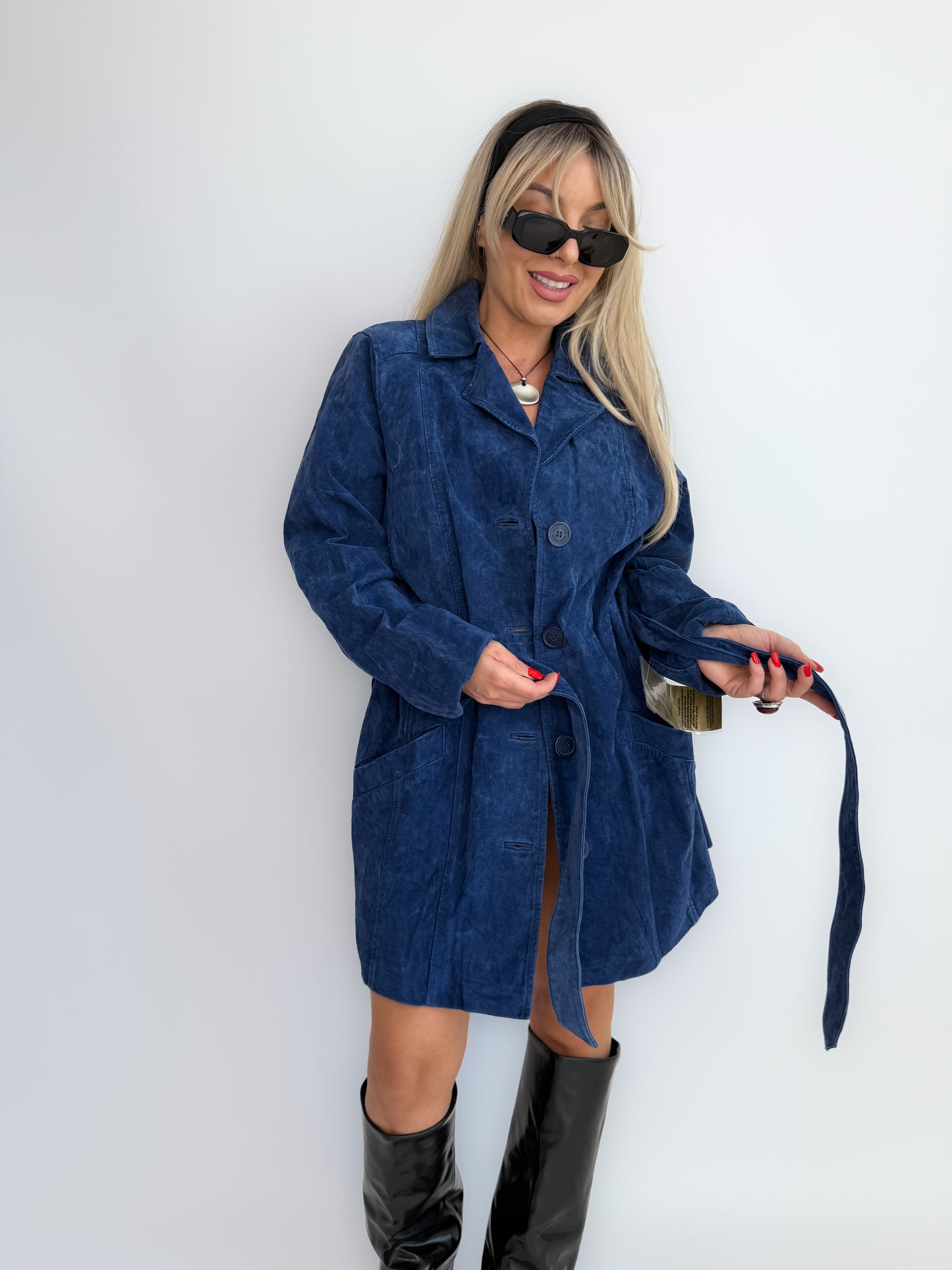 Vintage Navy Blue Suede Trench Coat – Belted Waist, Bohemian Fall Statement Jacket S-M