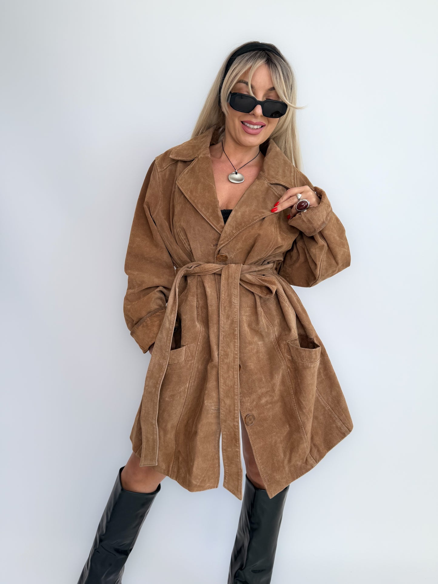 Vintage Tan Beige Camel Natural Suede Leather Belted Trench Coat – 90s Y2K Fall Statement Plus Size Jacket XL-XXL