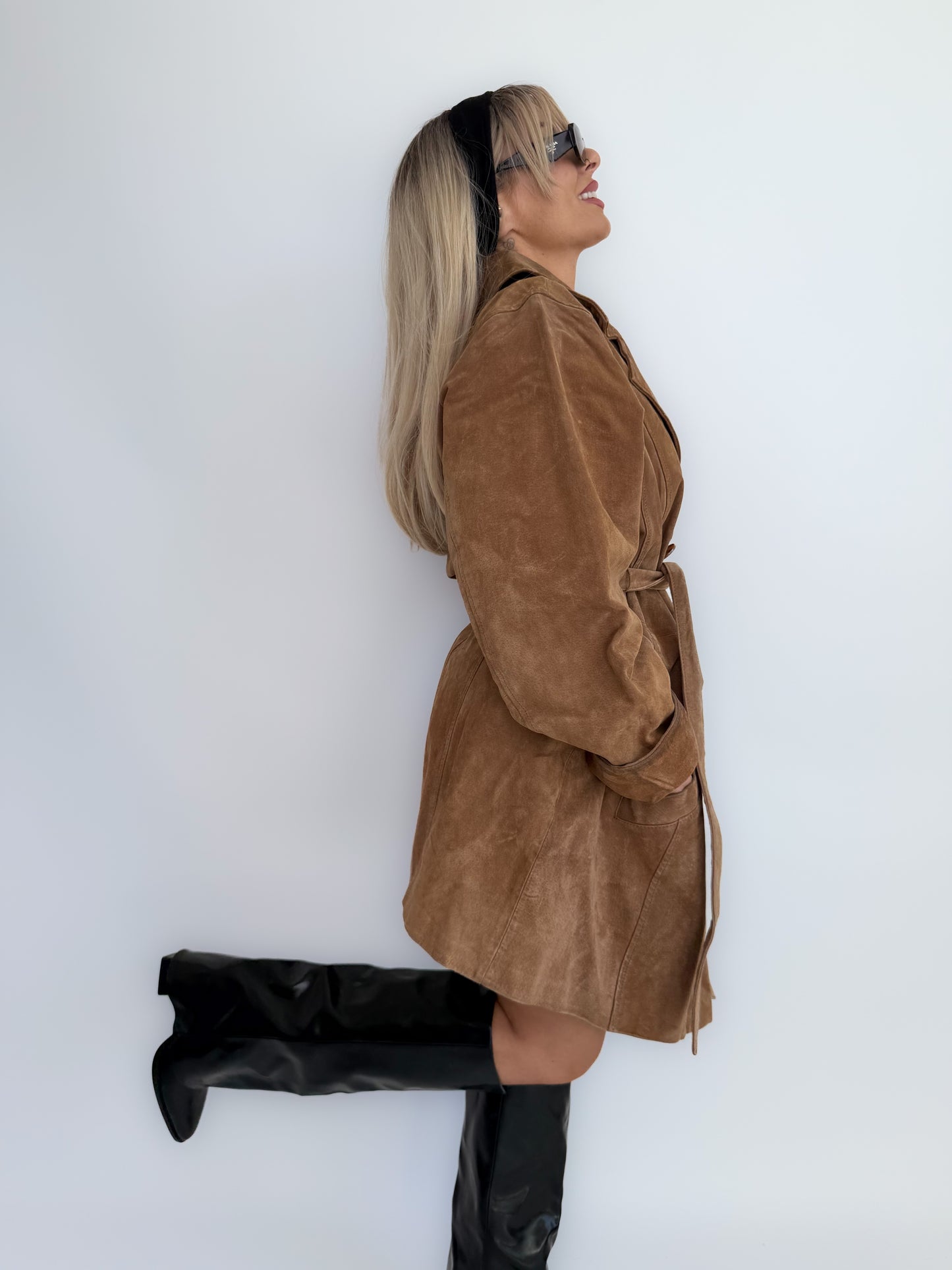 Vintage Tan Beige Camel Natural Suede Leather Belted Trench Coat – 90s Y2K Fall Statement Plus Size Jacket XL-XXL