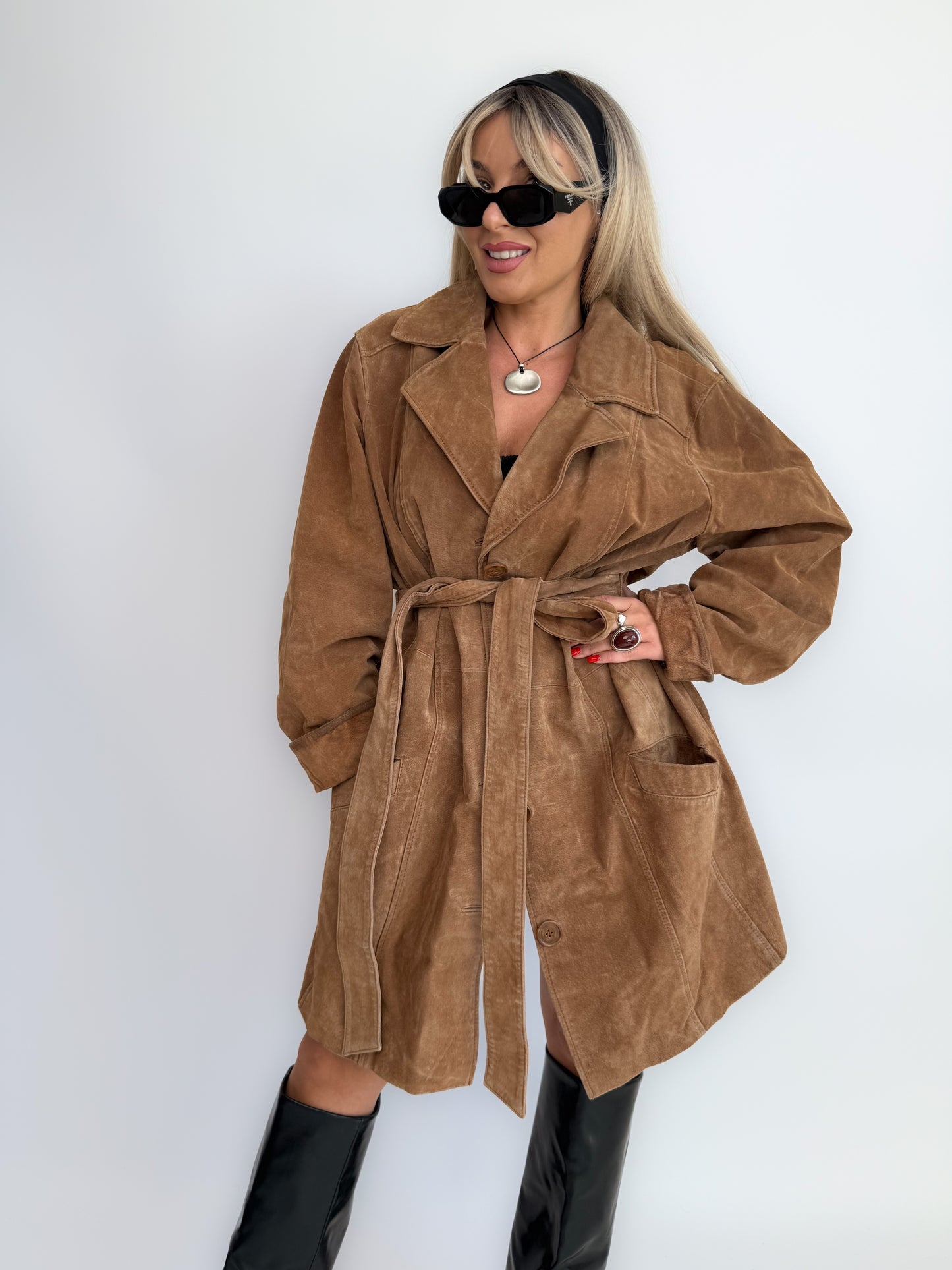 Vintage Tan Beige Camel Natural Suede Leather Belted Trench Coat – 90s Y2K Fall Statement Plus Size Jacket XL-XXL