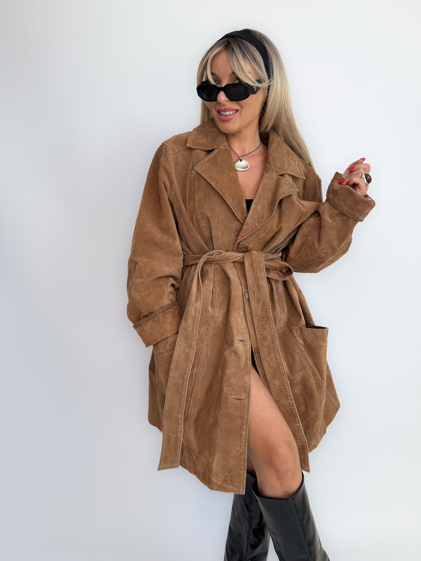 Vintage Tan Beige Camel Natural Suede Leather Belted Trench Coat – 90s Y2K Fall Statement Plus Size Jacket XL-XXL