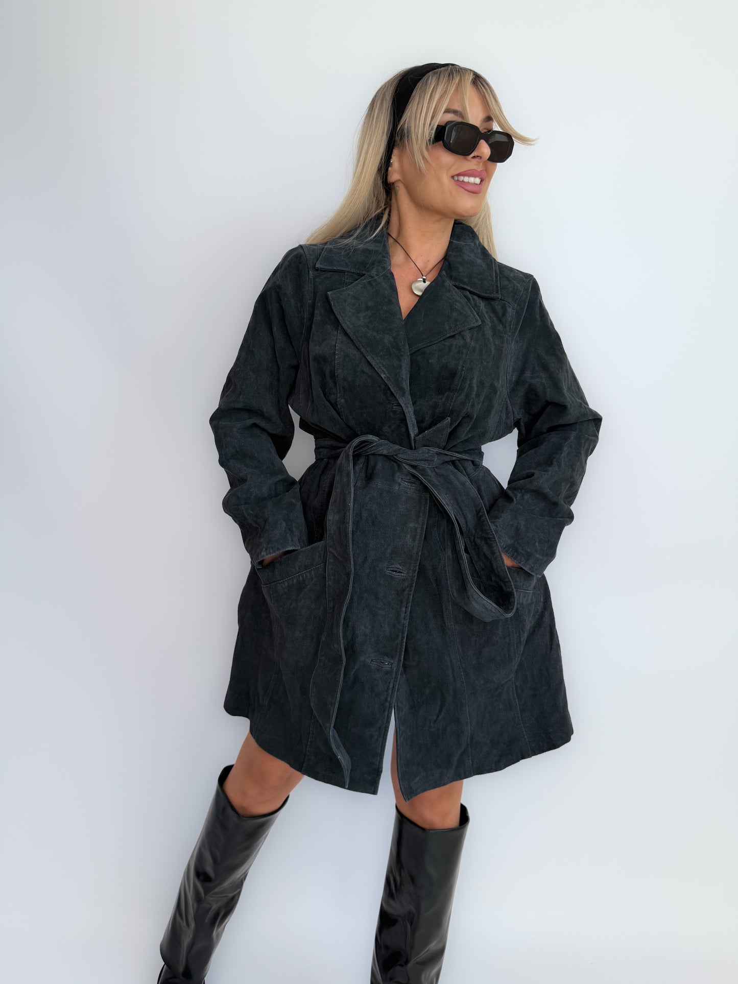 Vintage 90s Navy Blue Washable Suede Trench Coat – Oversized Plus Size Y2K Statement Fall Jacket with Waist Belt L
